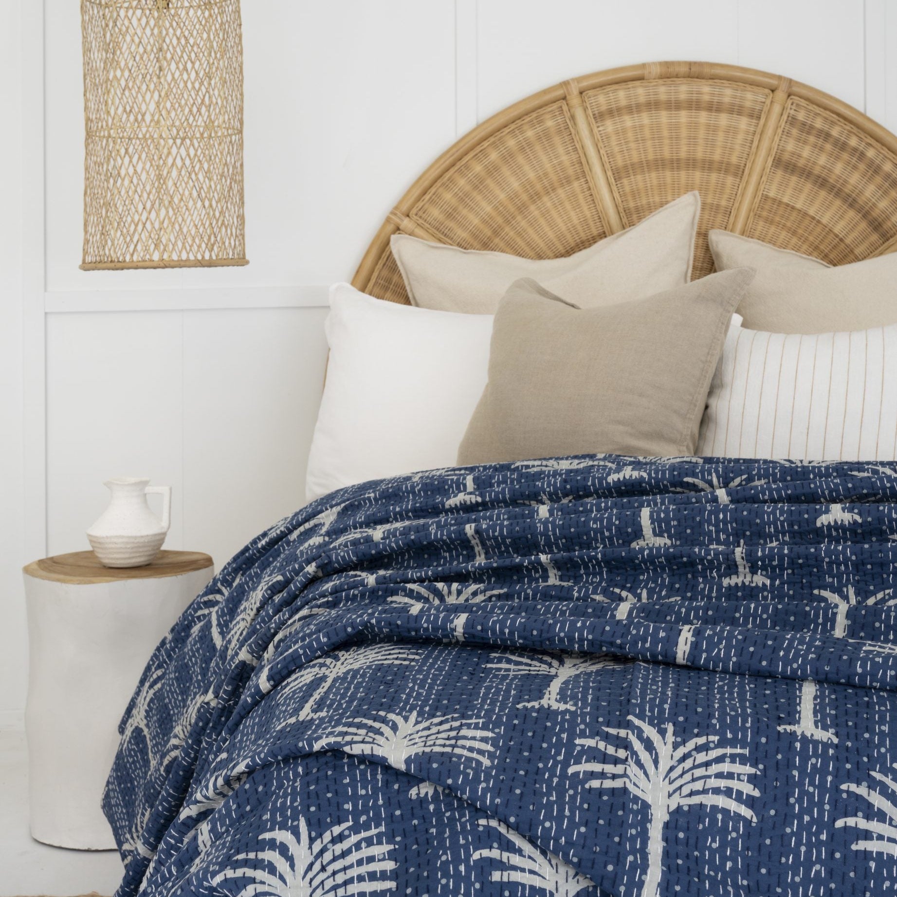 Linen Connections Indian Kantha Quilt - Palm Tree Indigo