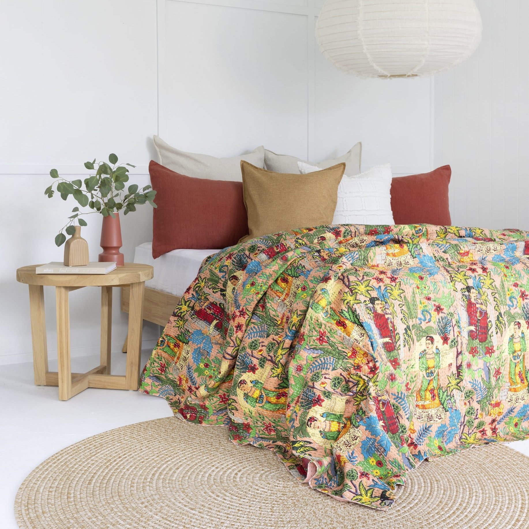 Indian Kantha Quilt Blanket Bedspread Throw Duvet - Frida Beige