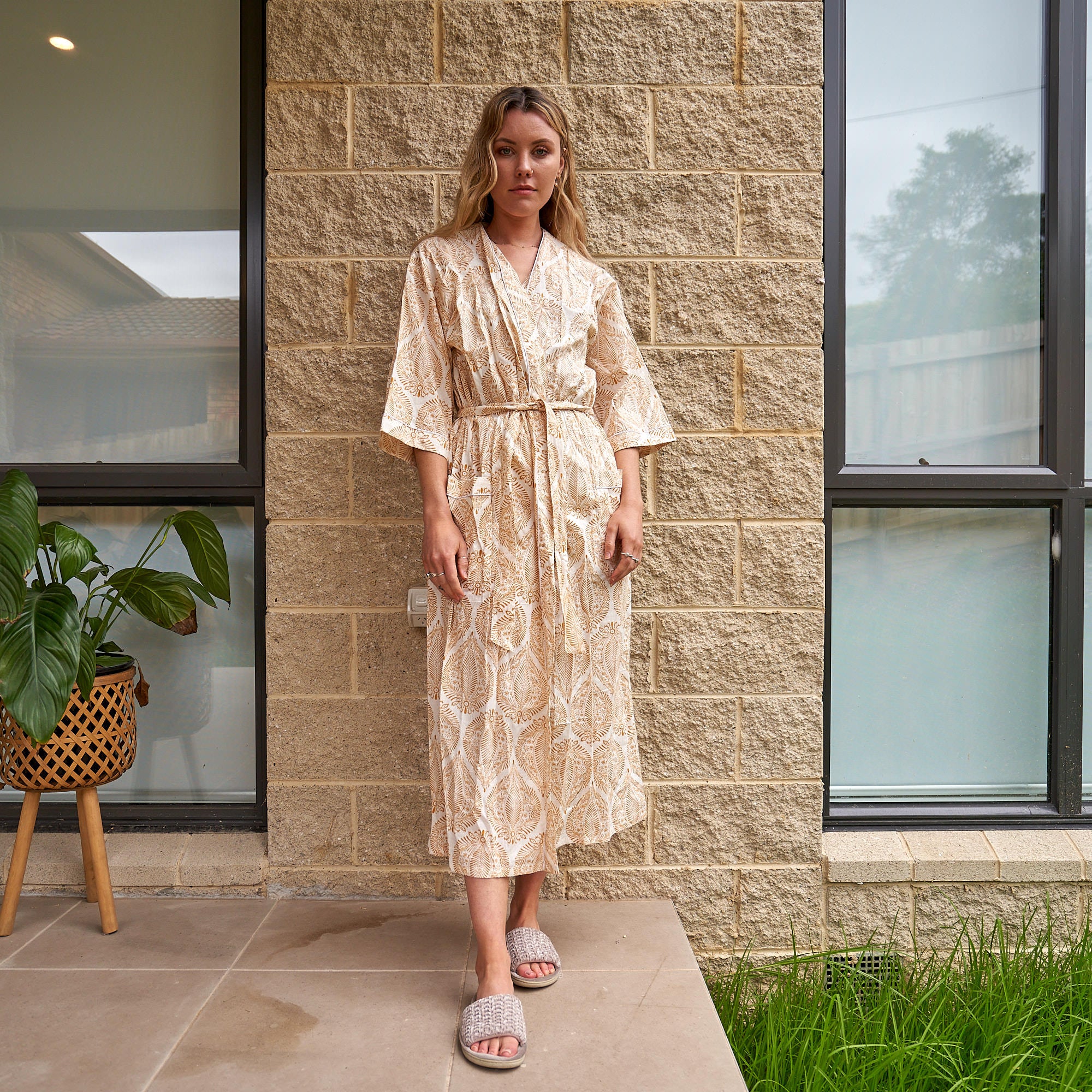 'Earthly Echoes' 100% Cotton Kimono Robe