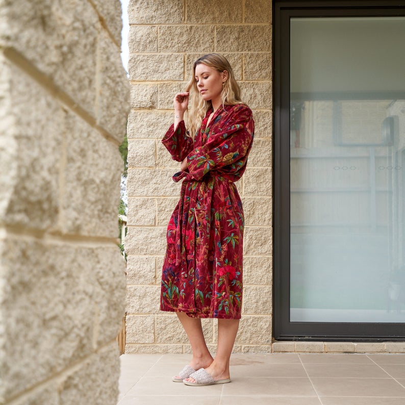 'Plush Petals' 100% Cotton Velvet Kimono Robe