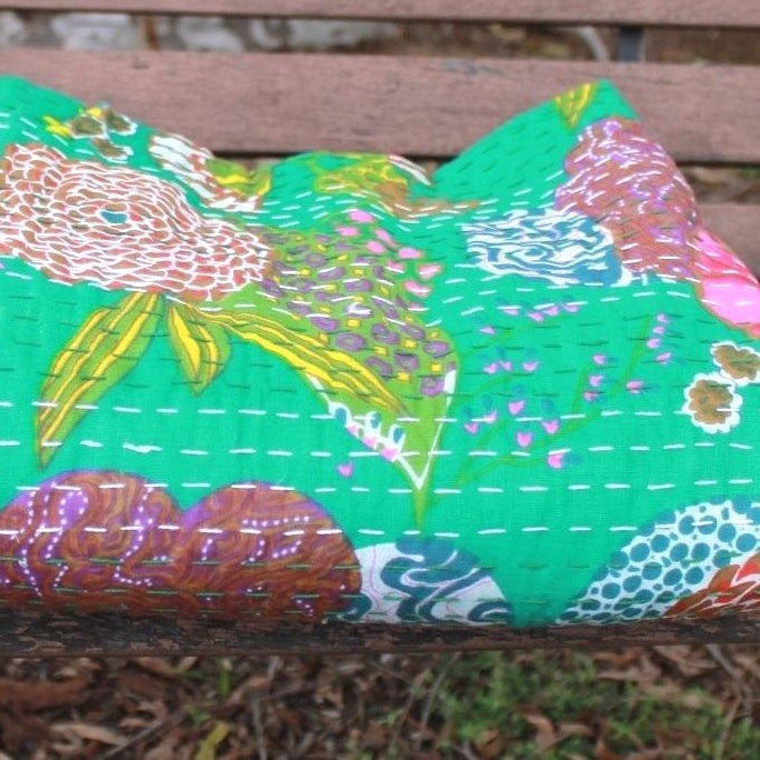 Linen Connections Handmade Indian Kantha Quilt- Parrot Green