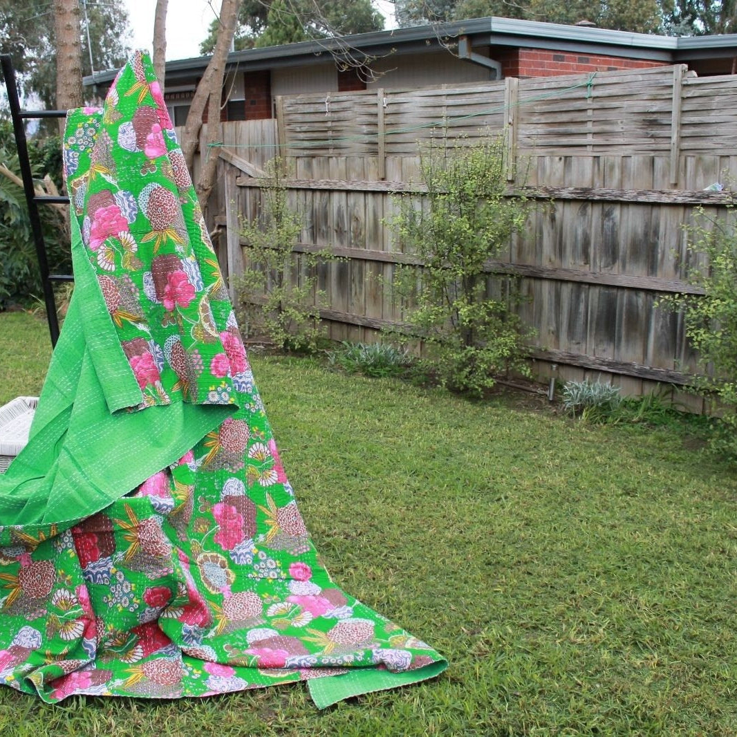 Linen Connections Handmade Indian Kantha Quilt- Tranquil Hues