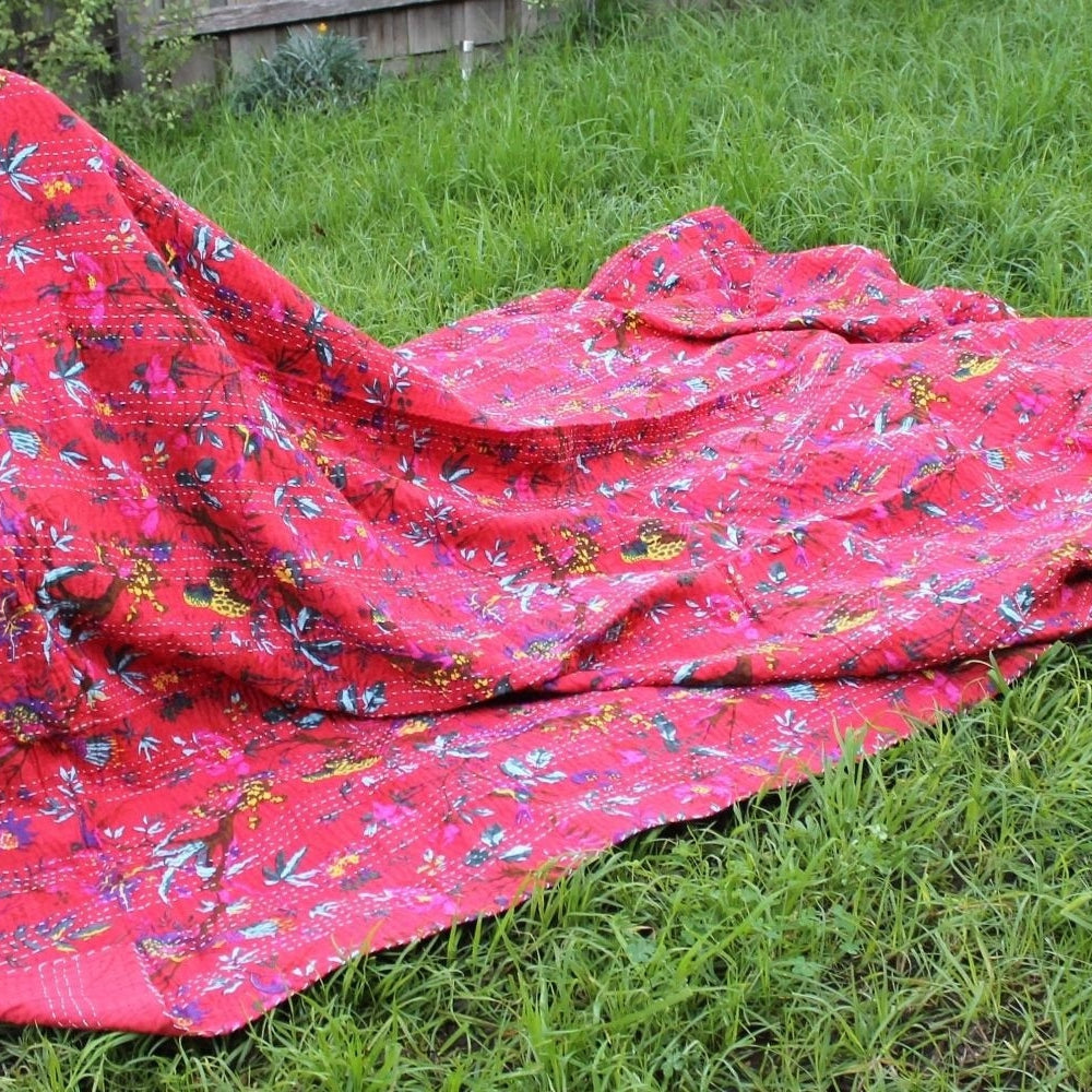 Linen Connections Handmade Indian Kantha Quilt- Pink Blossom