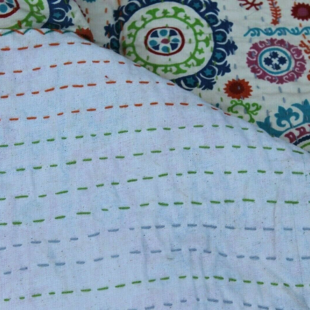 Handmade Indian Kantha Quilt Blanket Throw Duvet - Colourful Circles