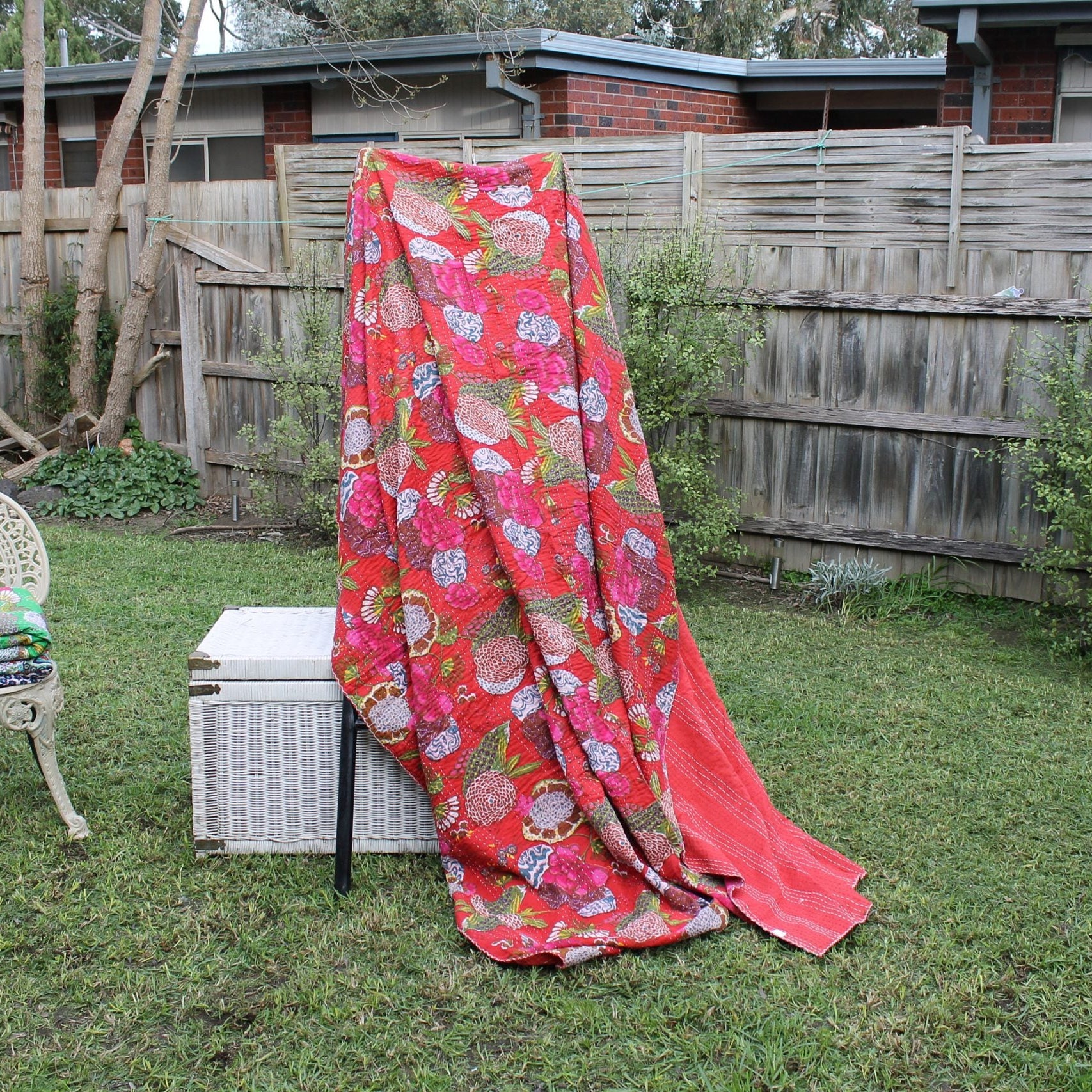 Linen Connections Handmade Indian Kantha Quilt - Red Blossom