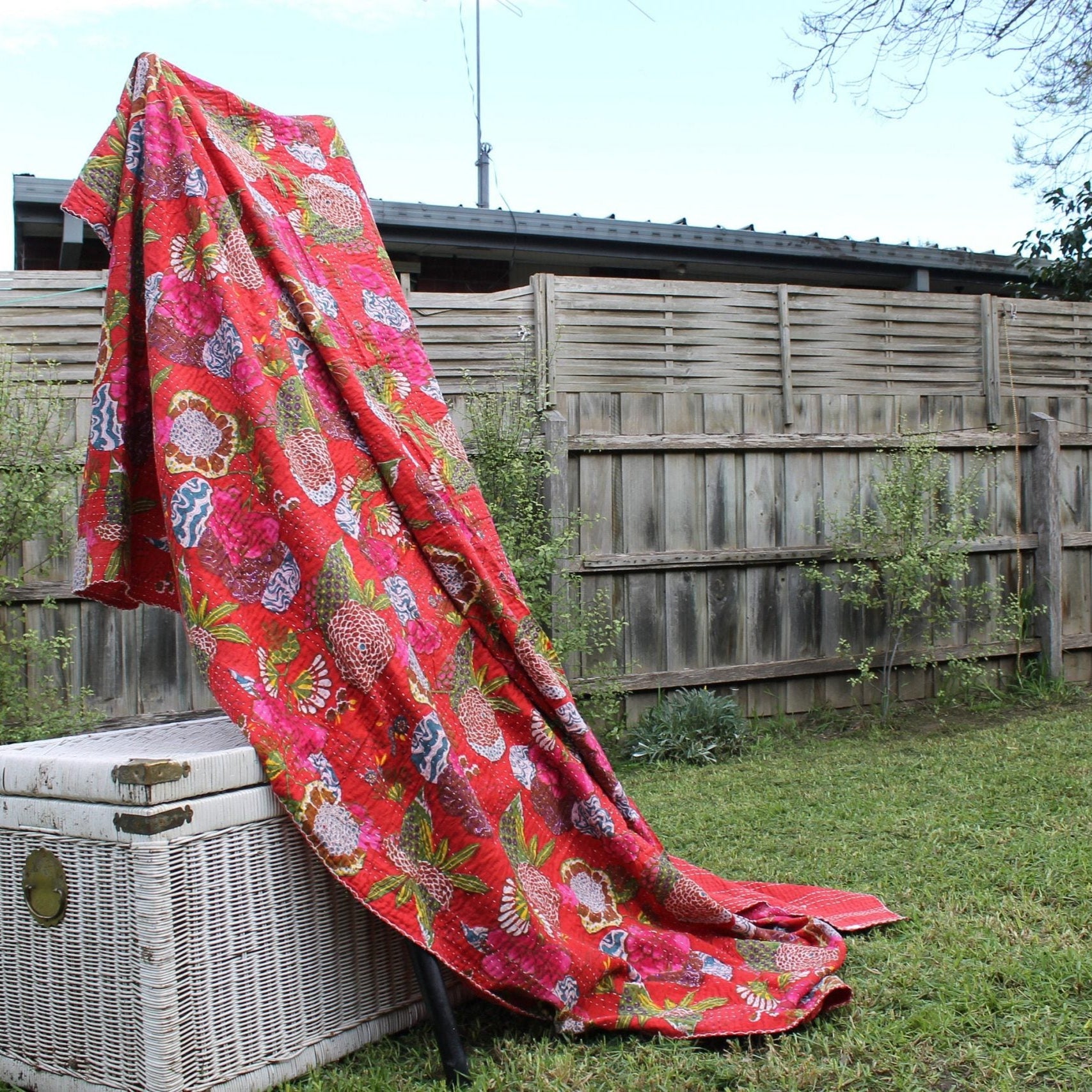 Linen Connections Handmade Indian Kantha Quilt - Red Blossom