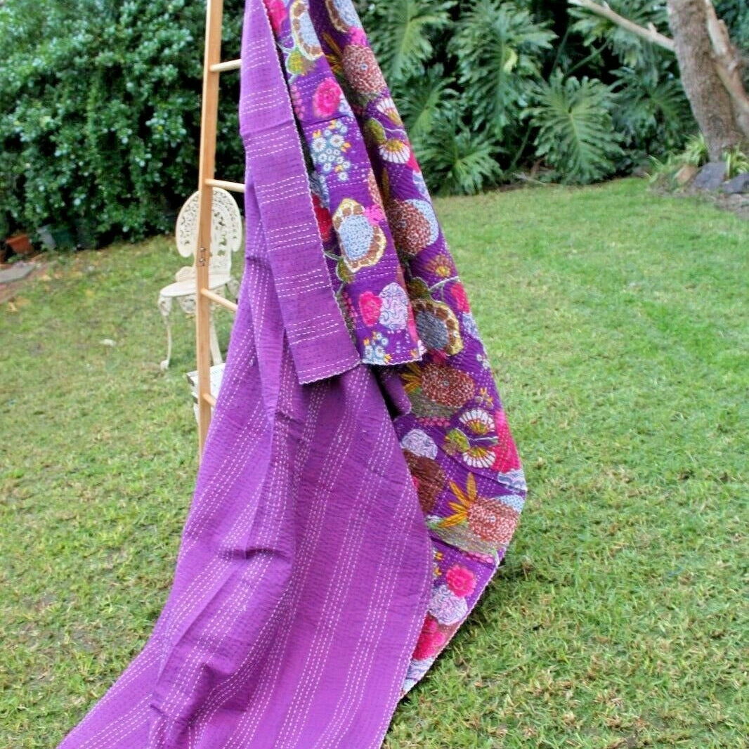 Linen Connections Handmade Indian Kantha Quilt- Purple Hues