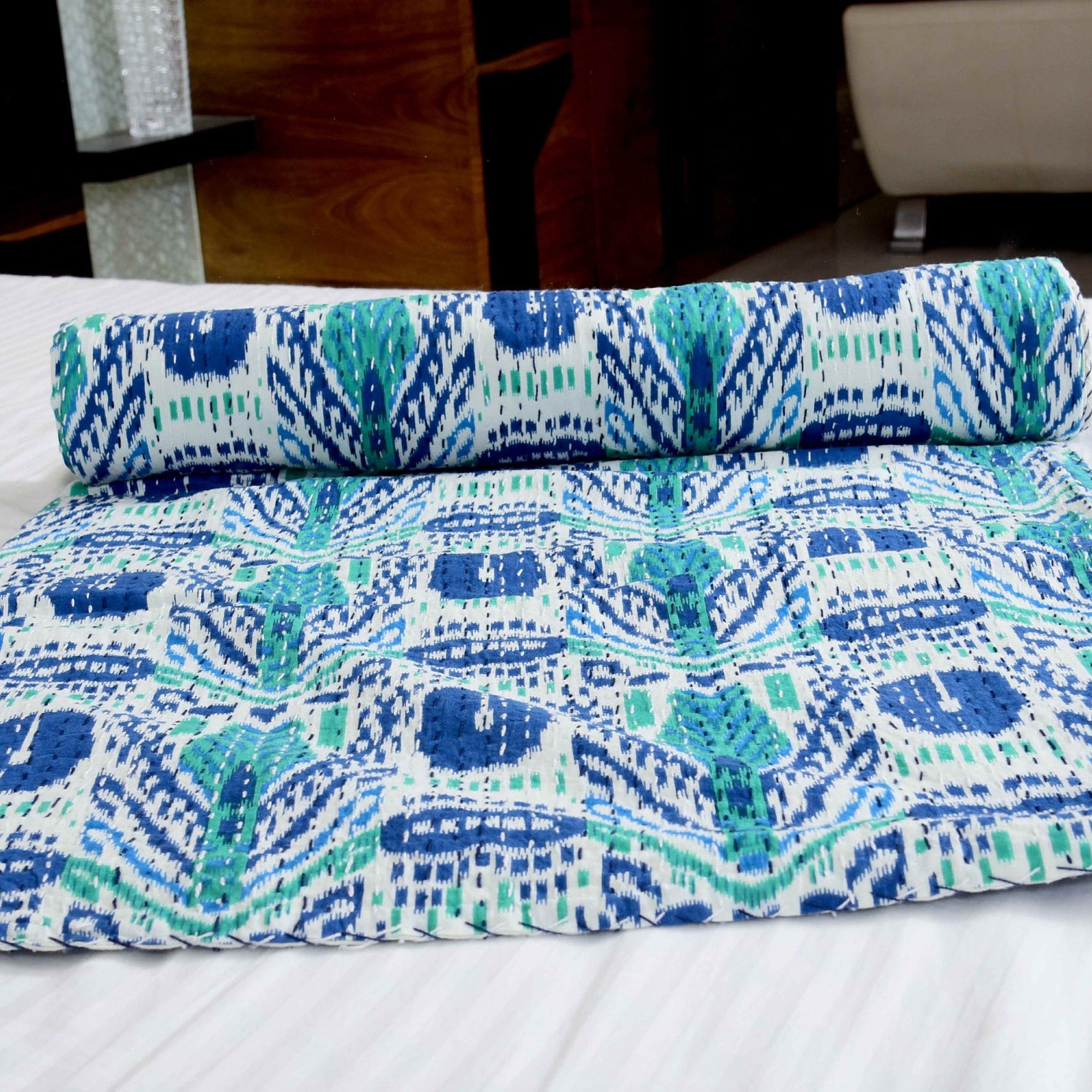 Linen Connections Indian Kantha Quilt - Blue Opal