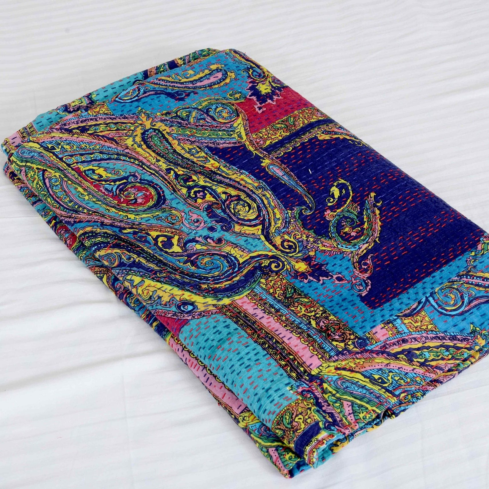 Linen Connections Indian Kantha Quilt - Royal Blue