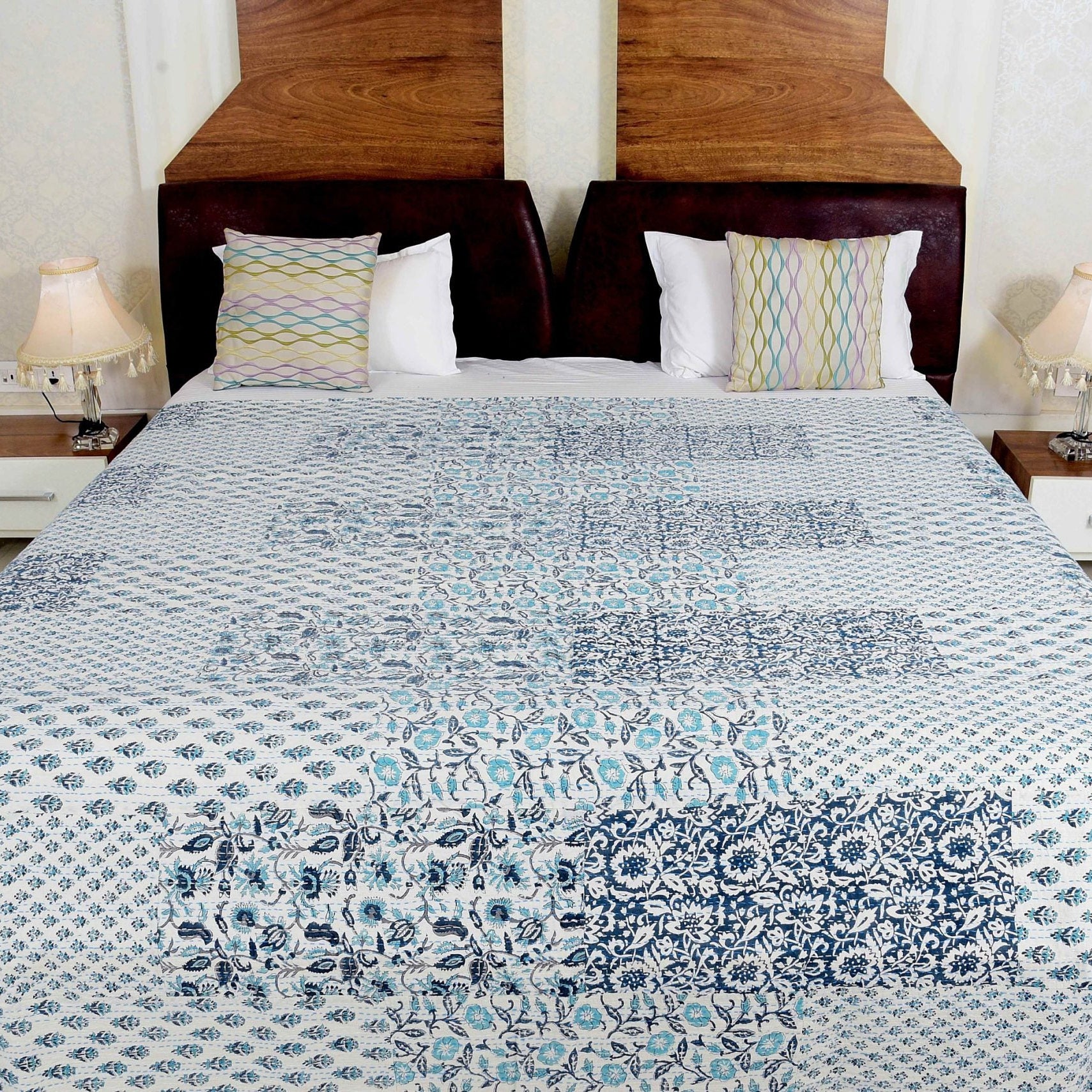 Linen Connections Handmade Indian Kantha Quilt -White Aurora