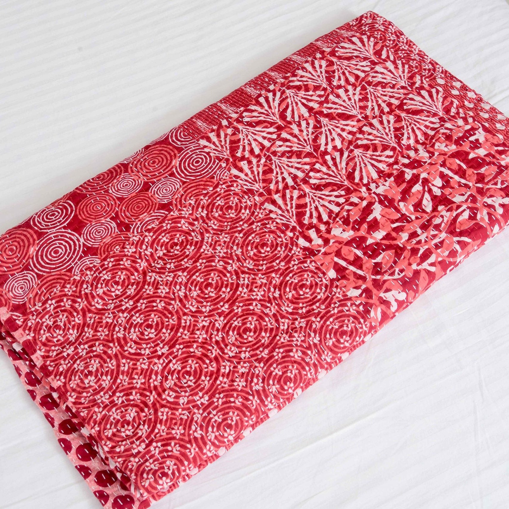 Linen Connections Handmade Indian Kantha Quilt - Red Aurora