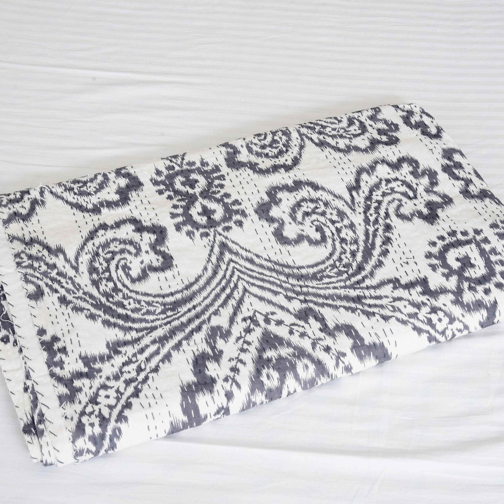 Linen Connections Handmade Indian Kantha Quilt - White Opal