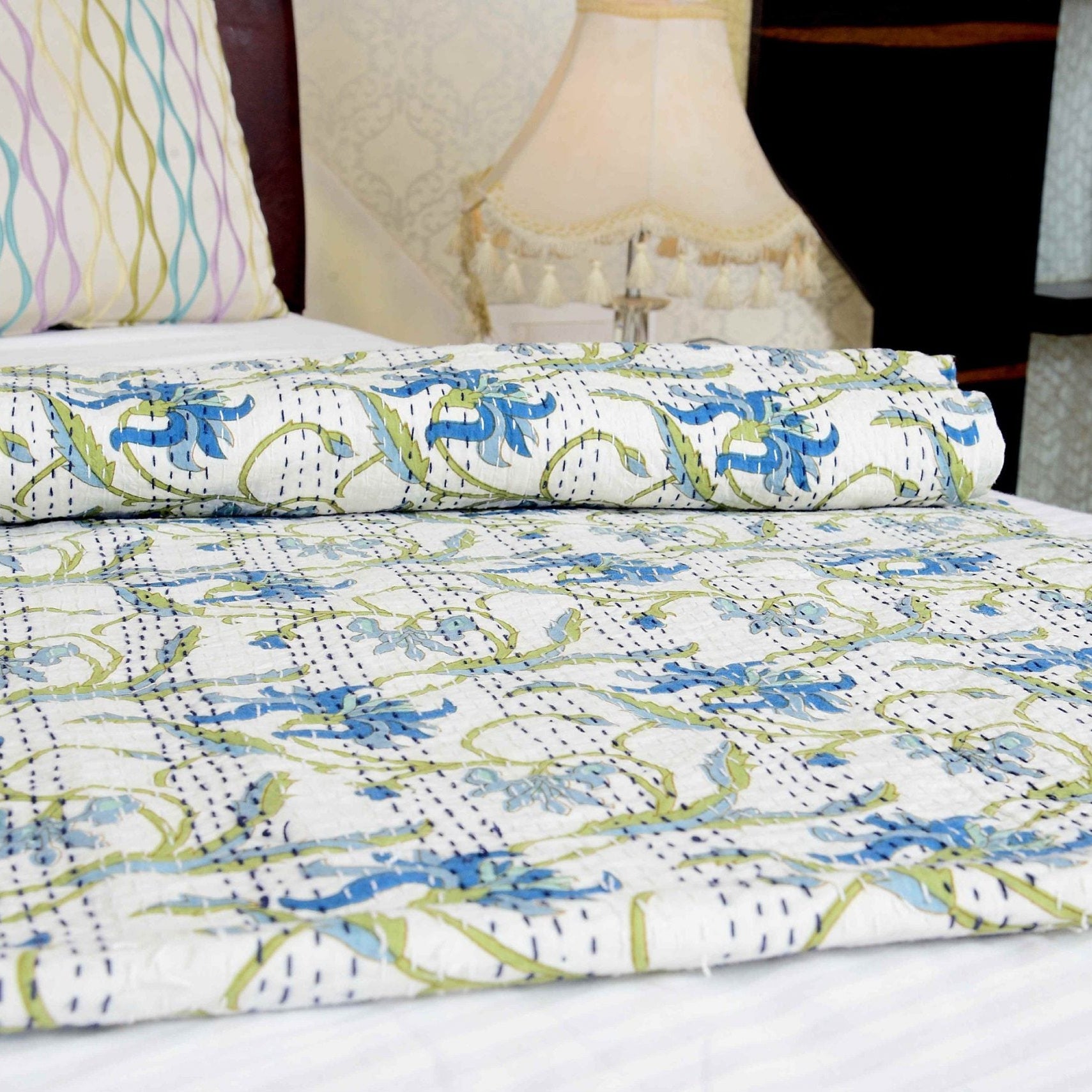 Linen Connections Indian Kantha Quilt - Blue Paradise