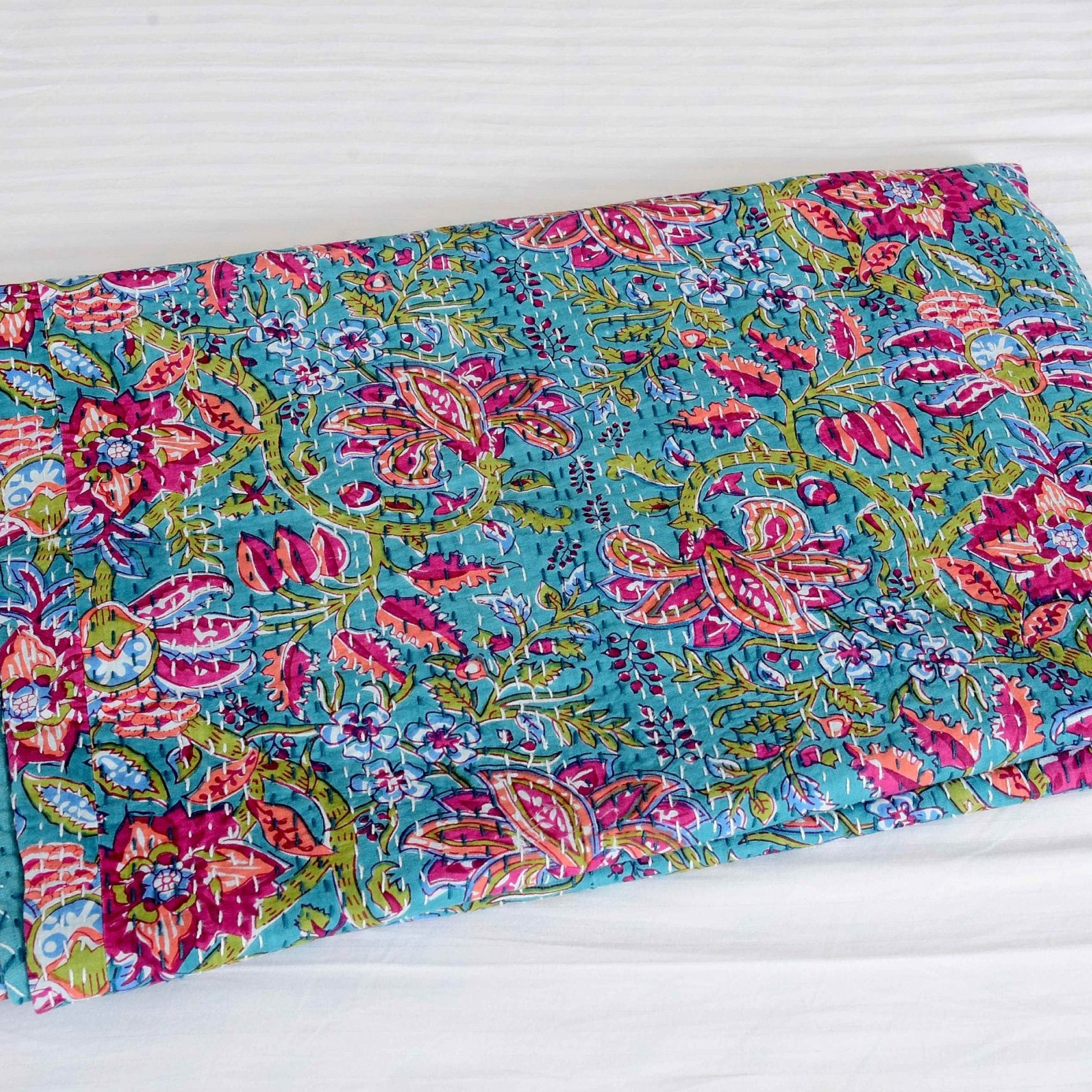 Linen Connections Handmade Indian Kantha Quilt - Blue Oasis