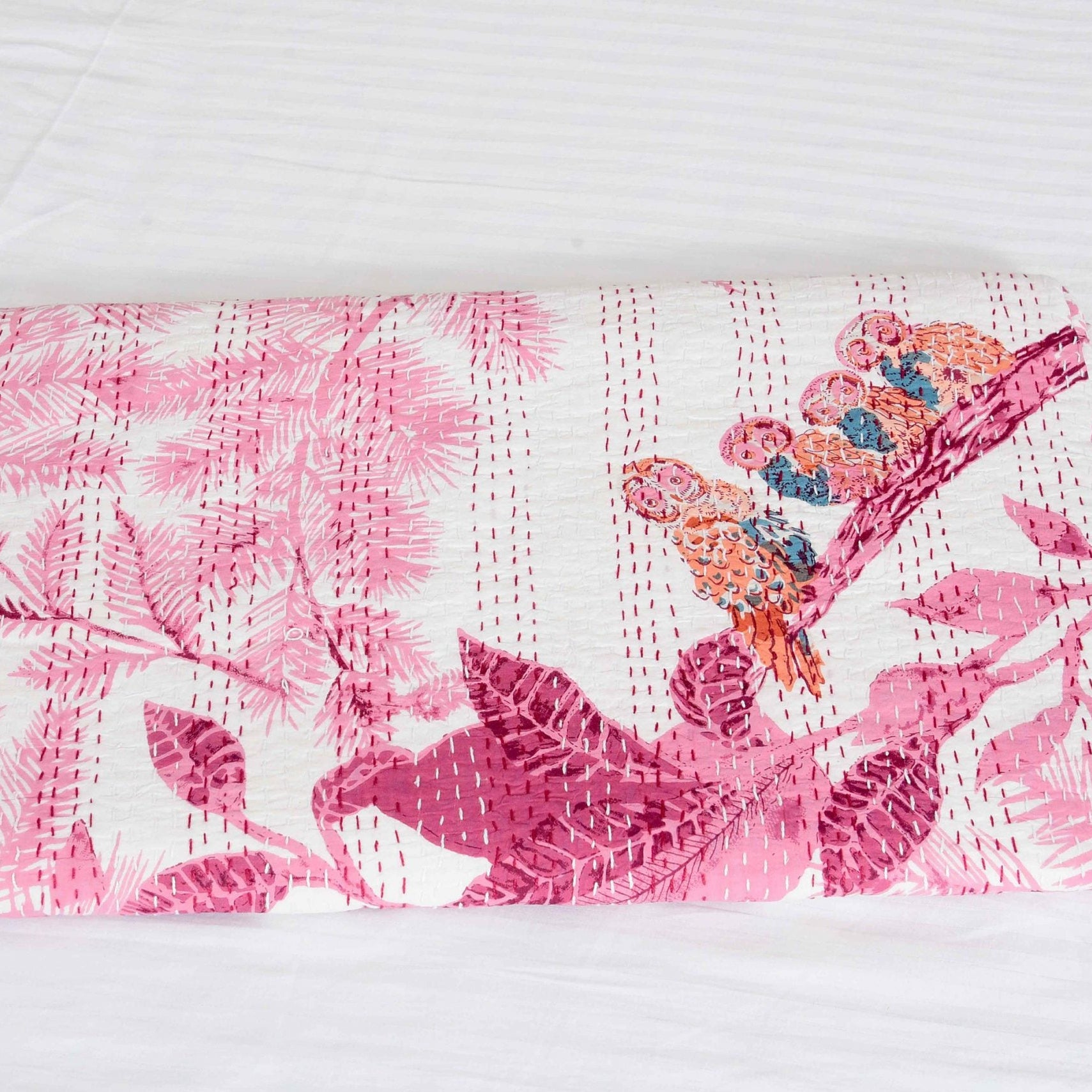 Linen Connections Indian Kantha Quilt - Pink Owl