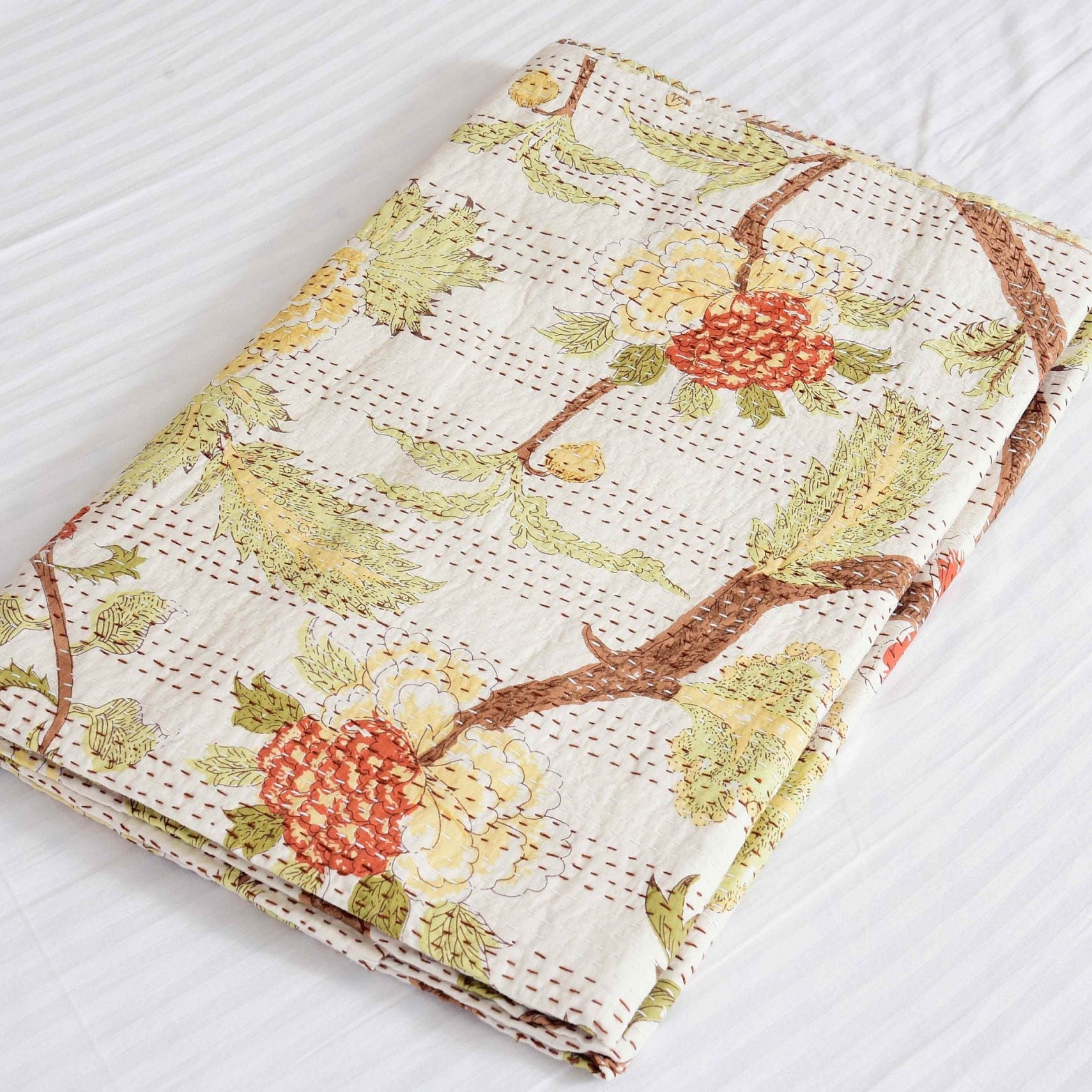 Linen Connections Handmade Indian Kantha Quilt - Spiritual Tree