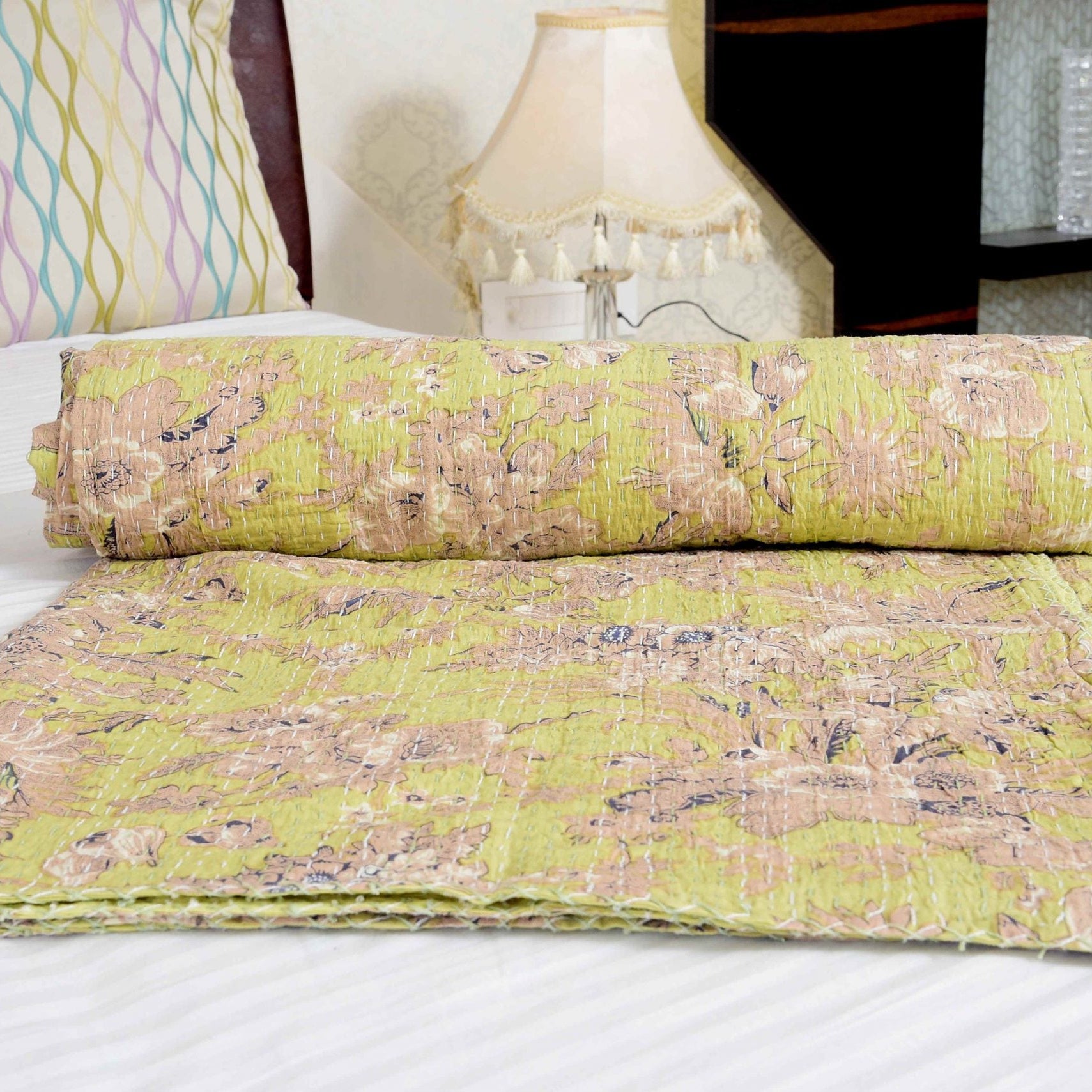 Linen Connections Handmade Indian Kantha Quilt- Pale Yellow