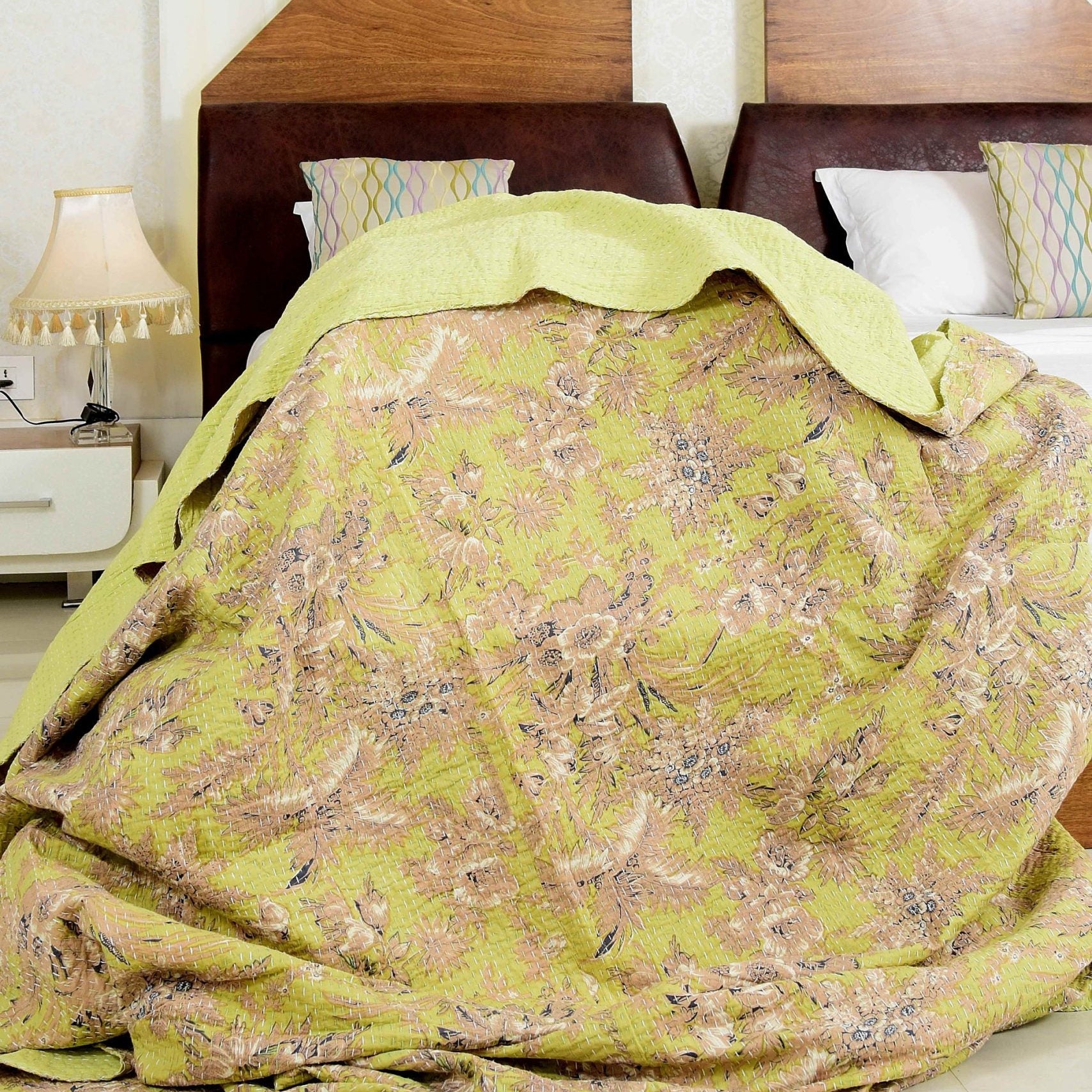 Linen Connections Handmade Indian Kantha Quilt- Pale Yellow