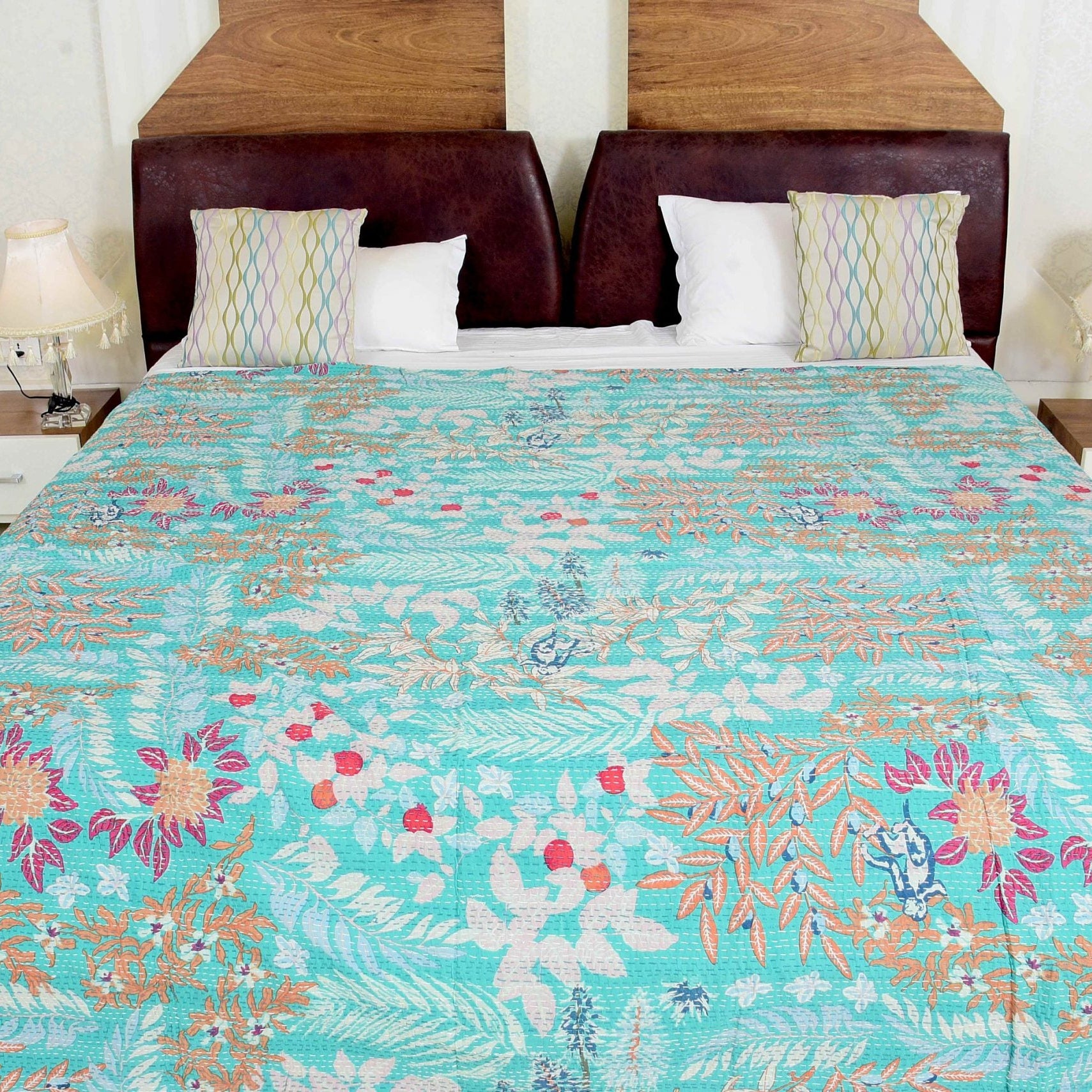 Linen Connections Handmade Indian Kantha Quilt - Mint Pastures