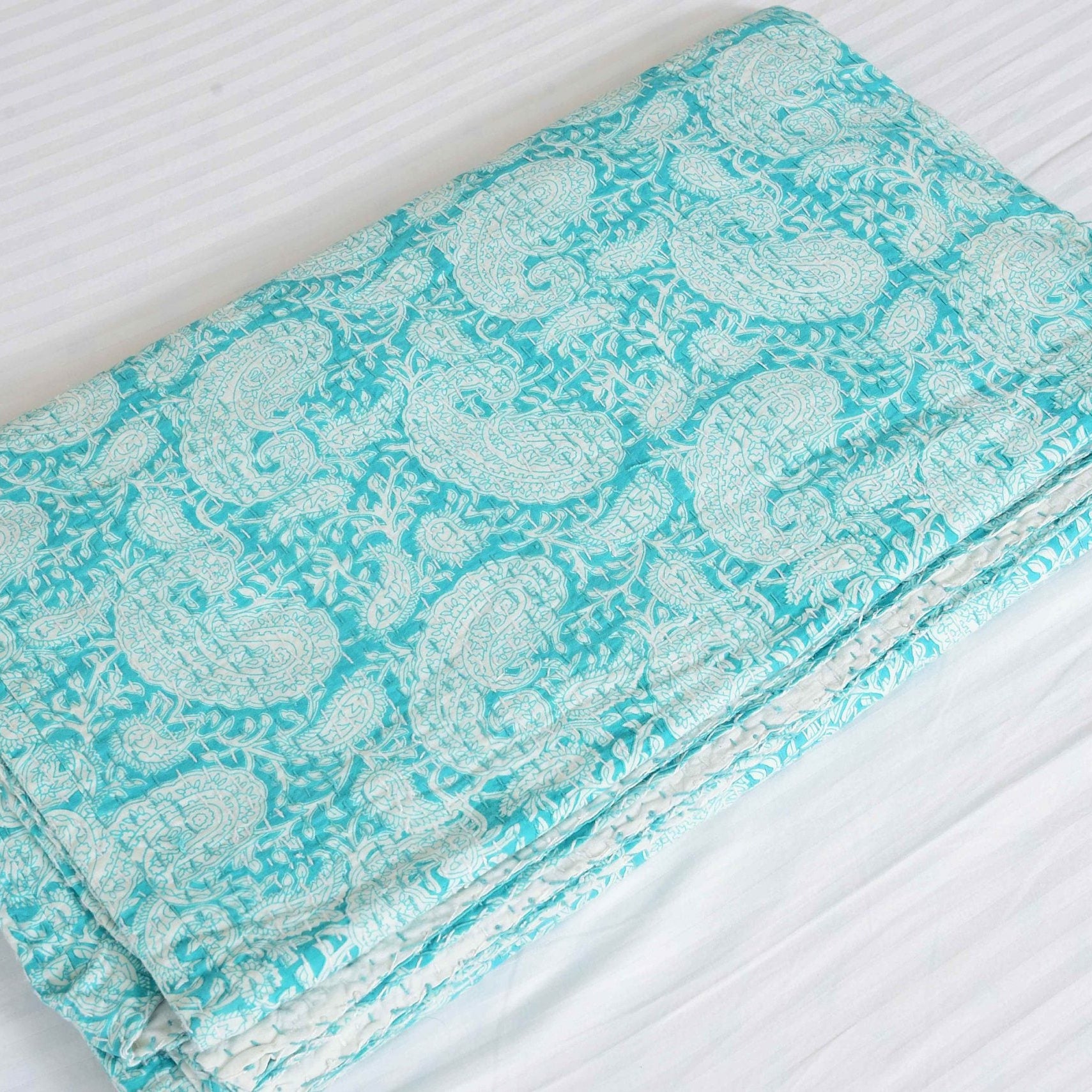 Linen Connections Handmade Indian Kantha Quilt - Sea Green