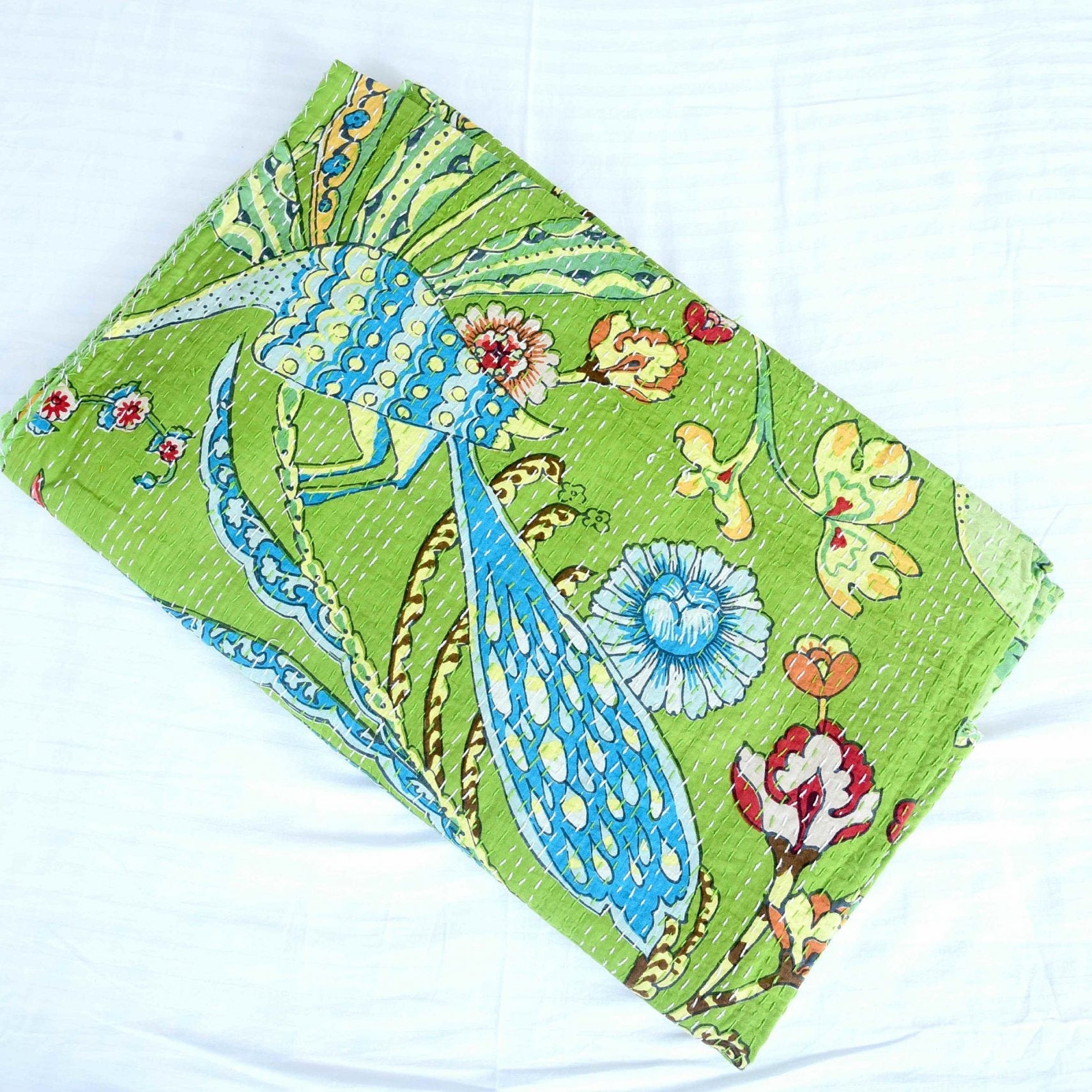 Linen Connections Handmade Indian Kantha Quilt - Green Hues