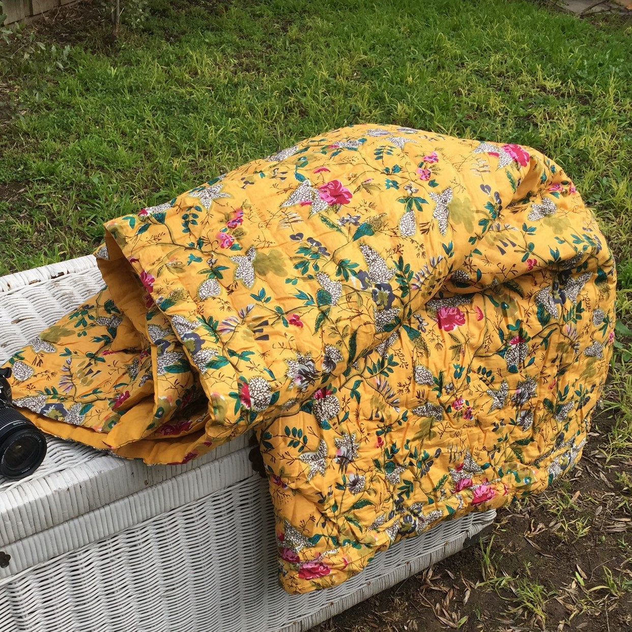 Linen Connections Indian Kantha Blanket Throw Duvet Set - Yellow Haze