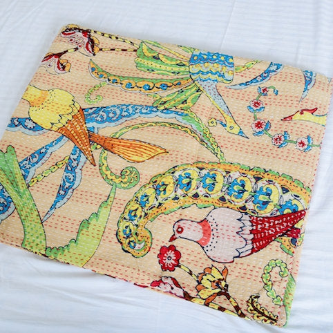Linen Connections Handmade Indian Kantha Quilt Blanket - Peach Bird