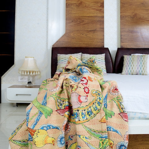 Linen Connections Handmade Indian Kantha Quilt Blanket - Peach Bird
