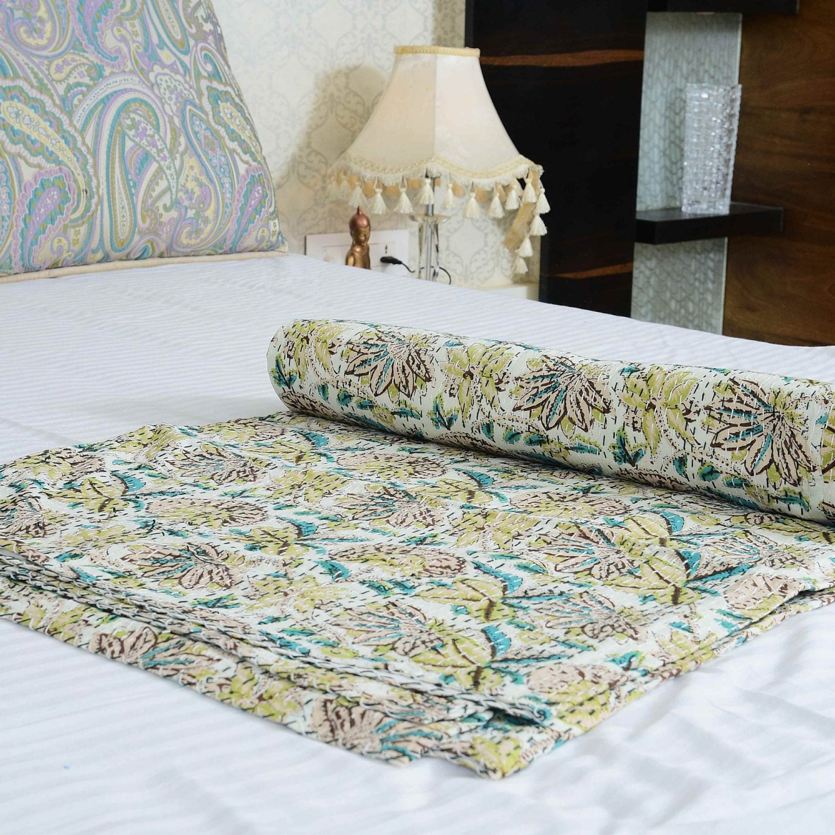 Linen Connections Handmade Indian Kantha Quilt Blanket - Green Blossom