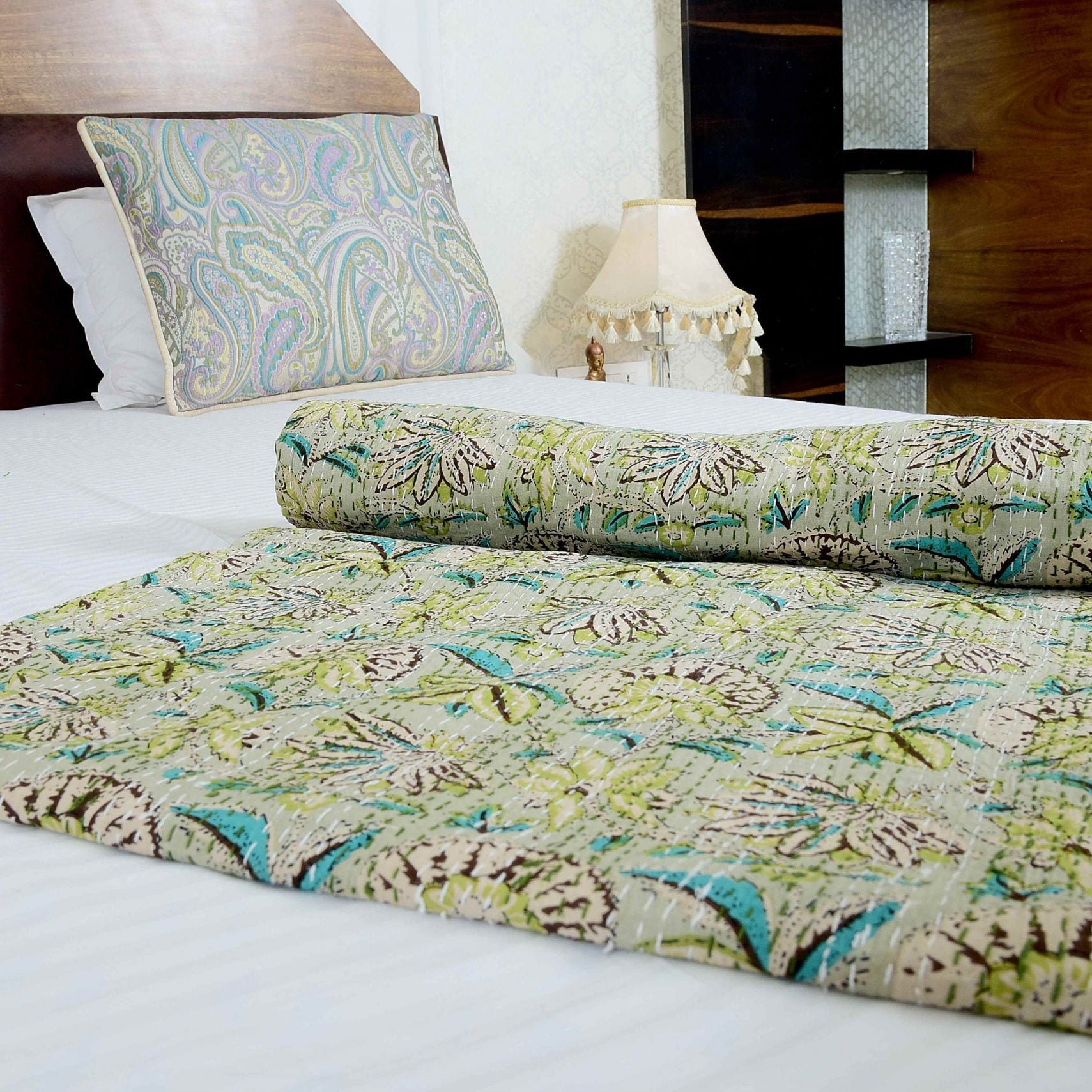 Linen Connections Handmade Indian Kantha Quilt - Sea Green