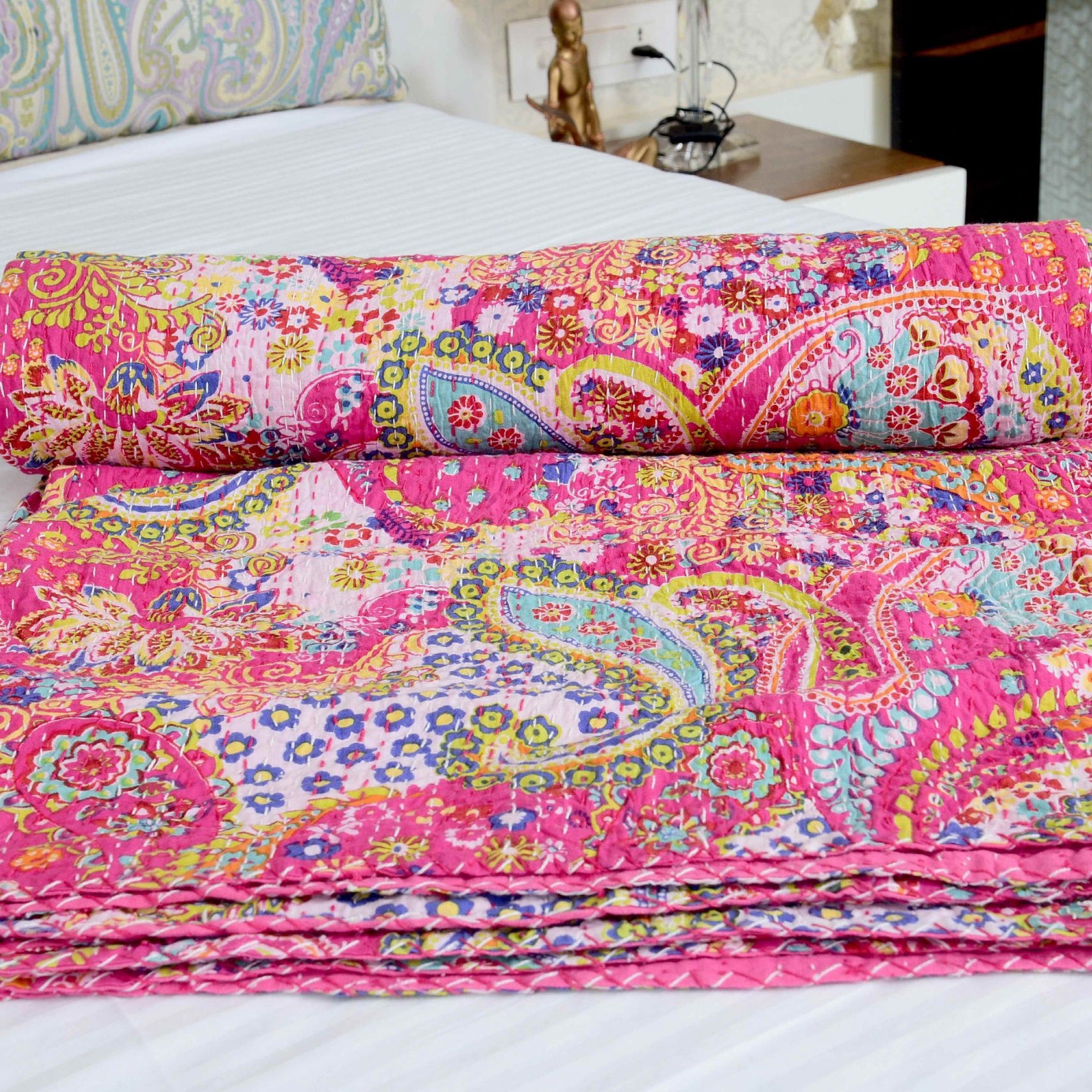 Linen Connections Handmade Indian Kantha Quilt - Pink Hues