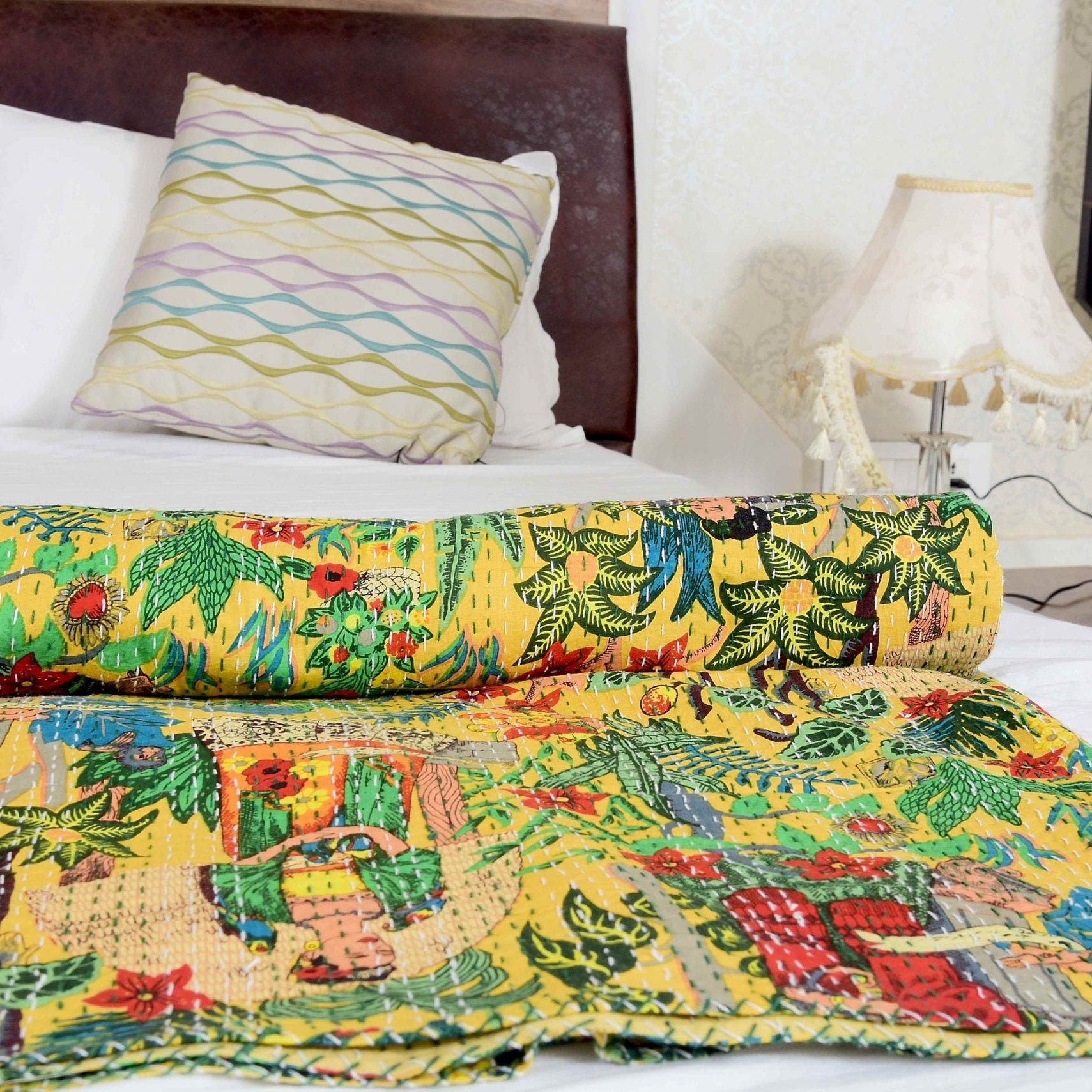 Linen Connections Indian Kantha Quilt - Frida Yellow