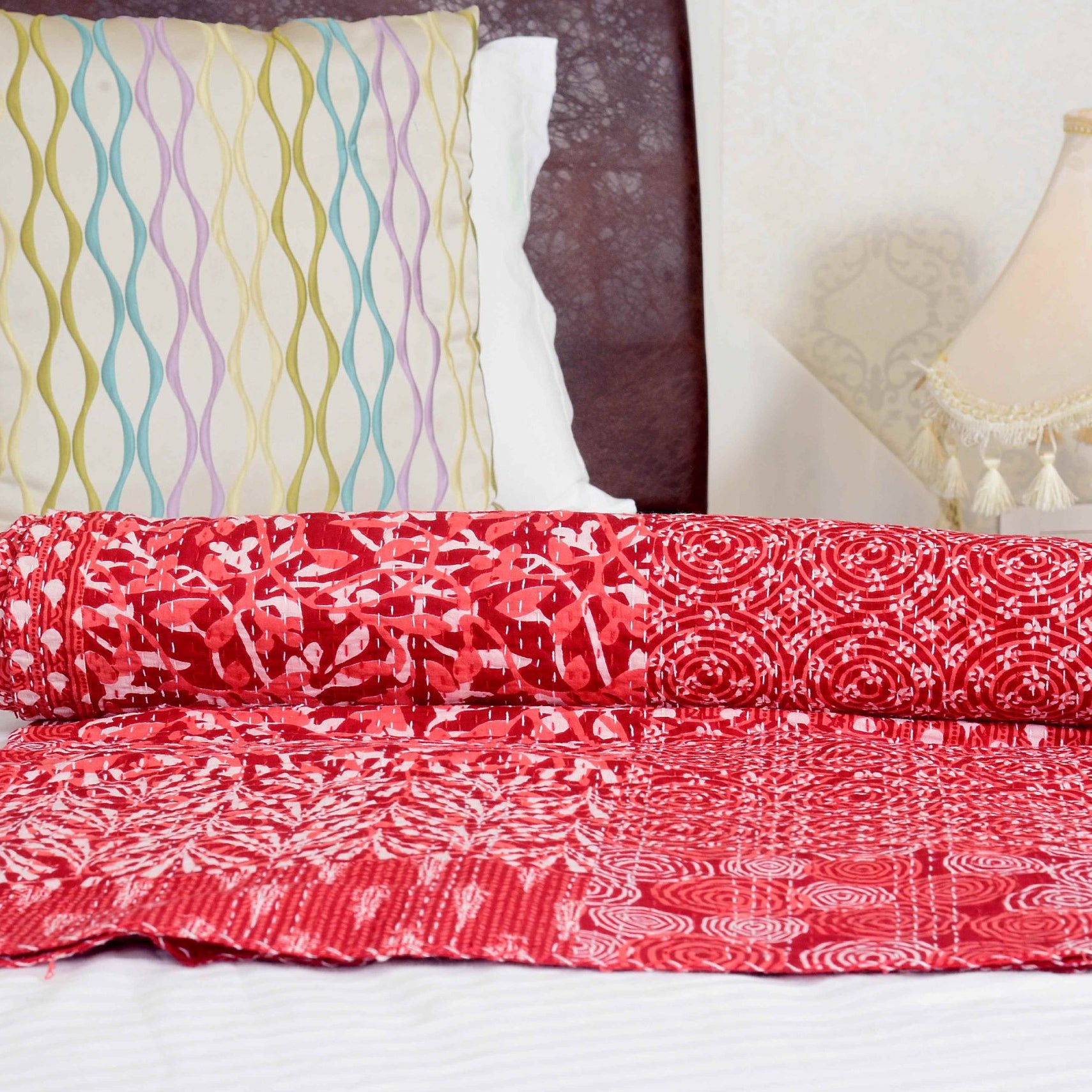 Linen Connections Handmade Indian Kantha Quilt - Red Aurora