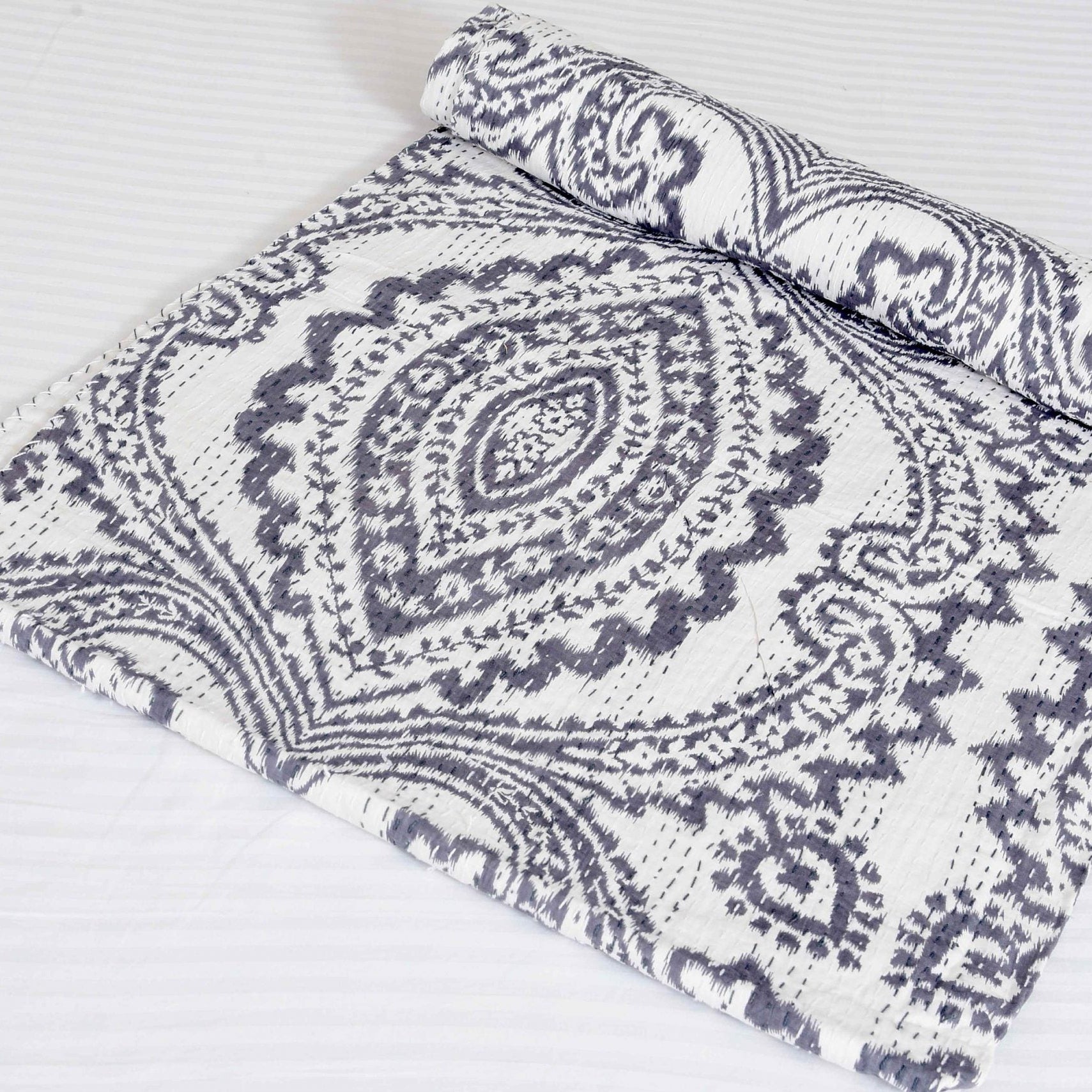 Linen Connections Handmade Indian Kantha Quilt - White Opal