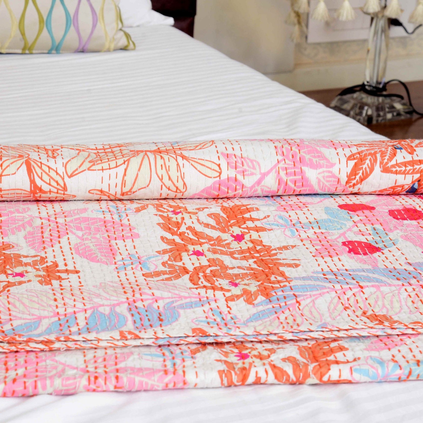 Linen Connections Handmade Indian Kantha Quilt - Light Pastures