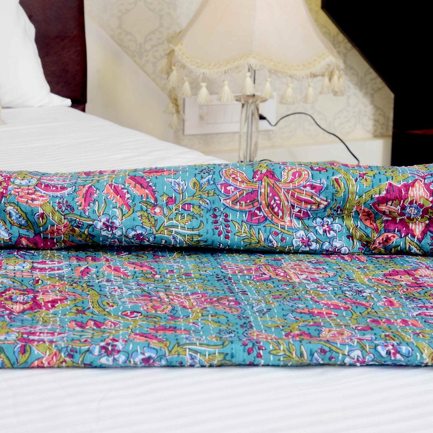 Linen Connections Handmade Indian Kantha Quilt - Blue Oasis