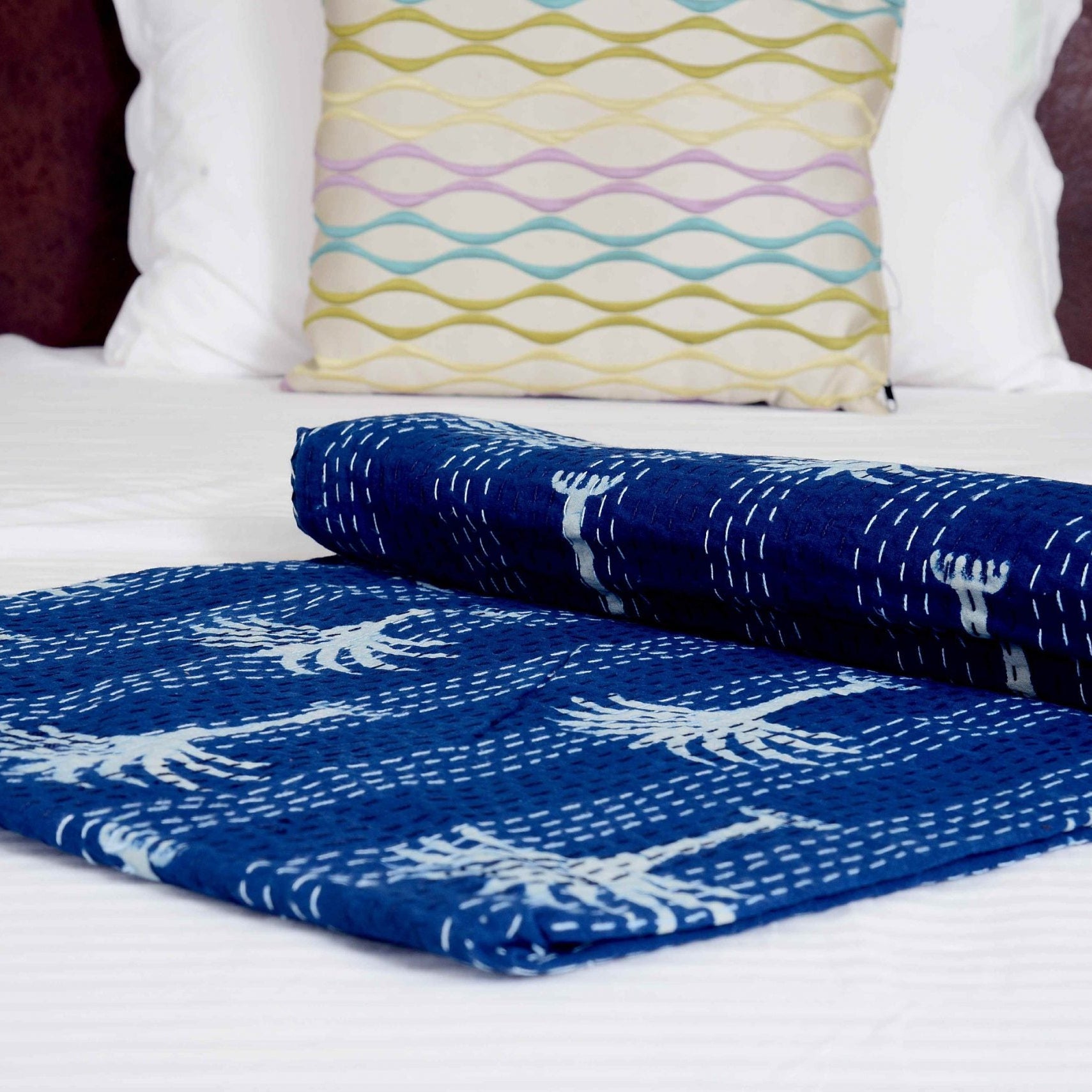 Linen Connections Handmade Indian Kantha Quilt - Palm Tree Indigo