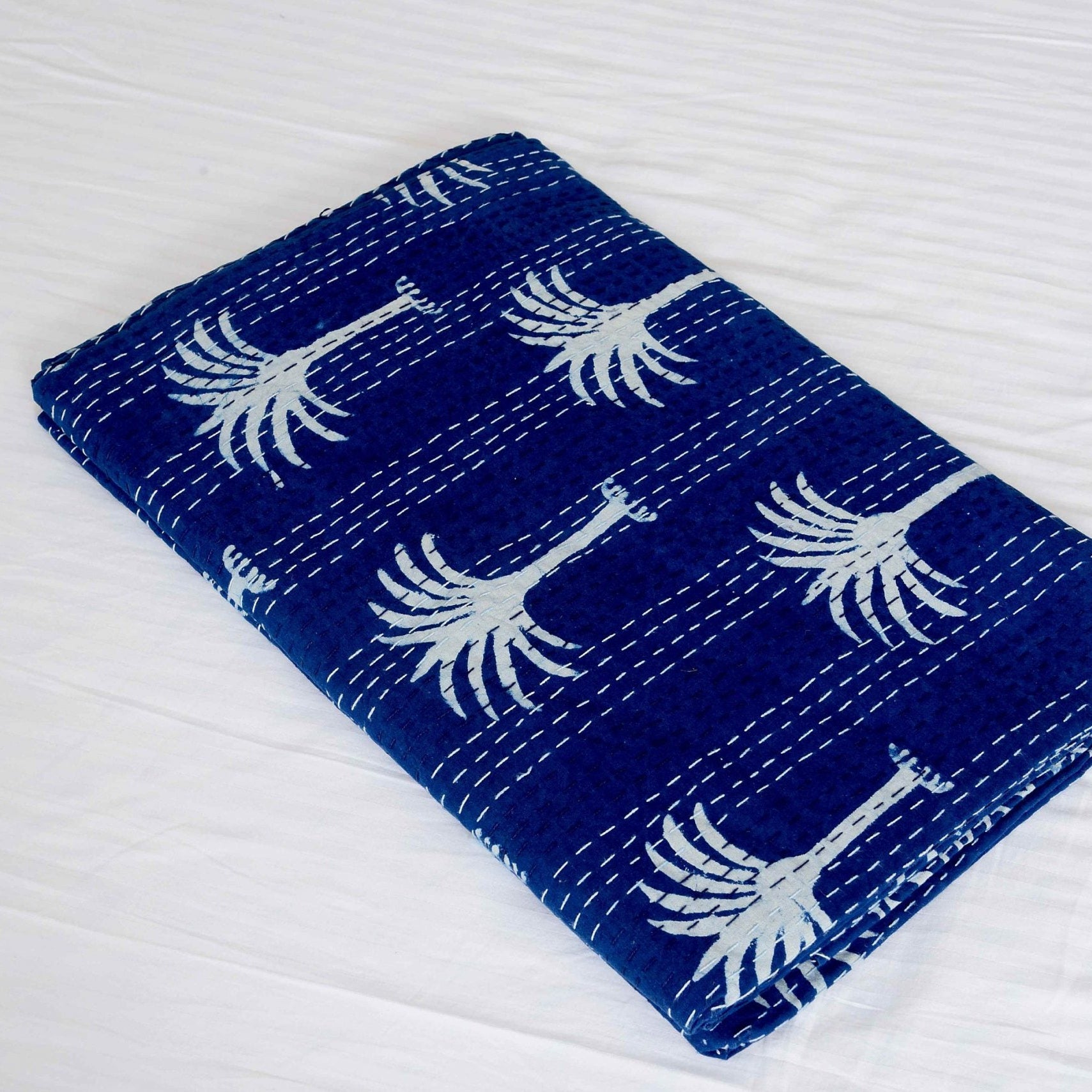 Linen Connections Handmade Indian Kantha Quilt - Palm Tree Indigo