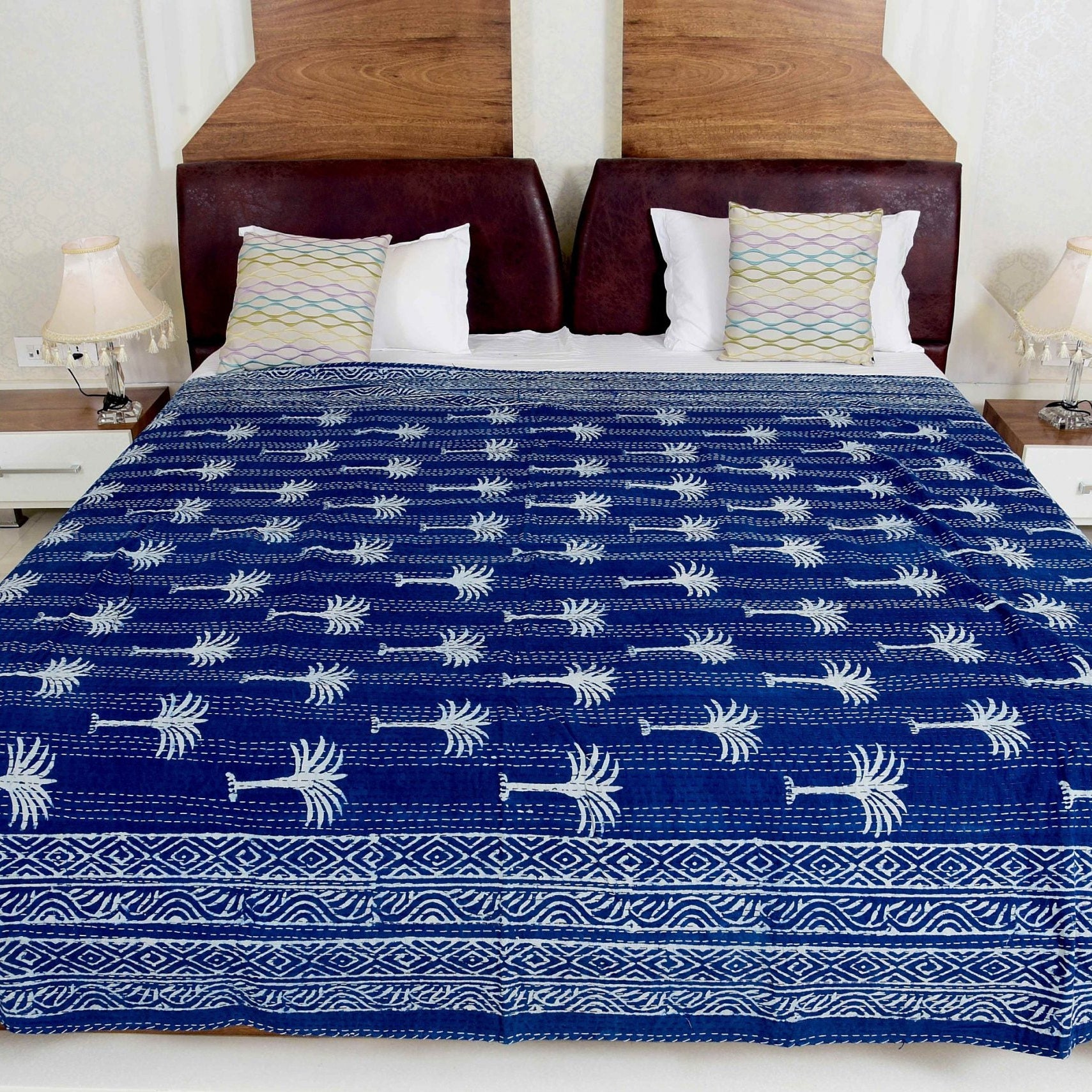 Linen Connections Handmade Indian Kantha Quilt - Palm Tree Indigo