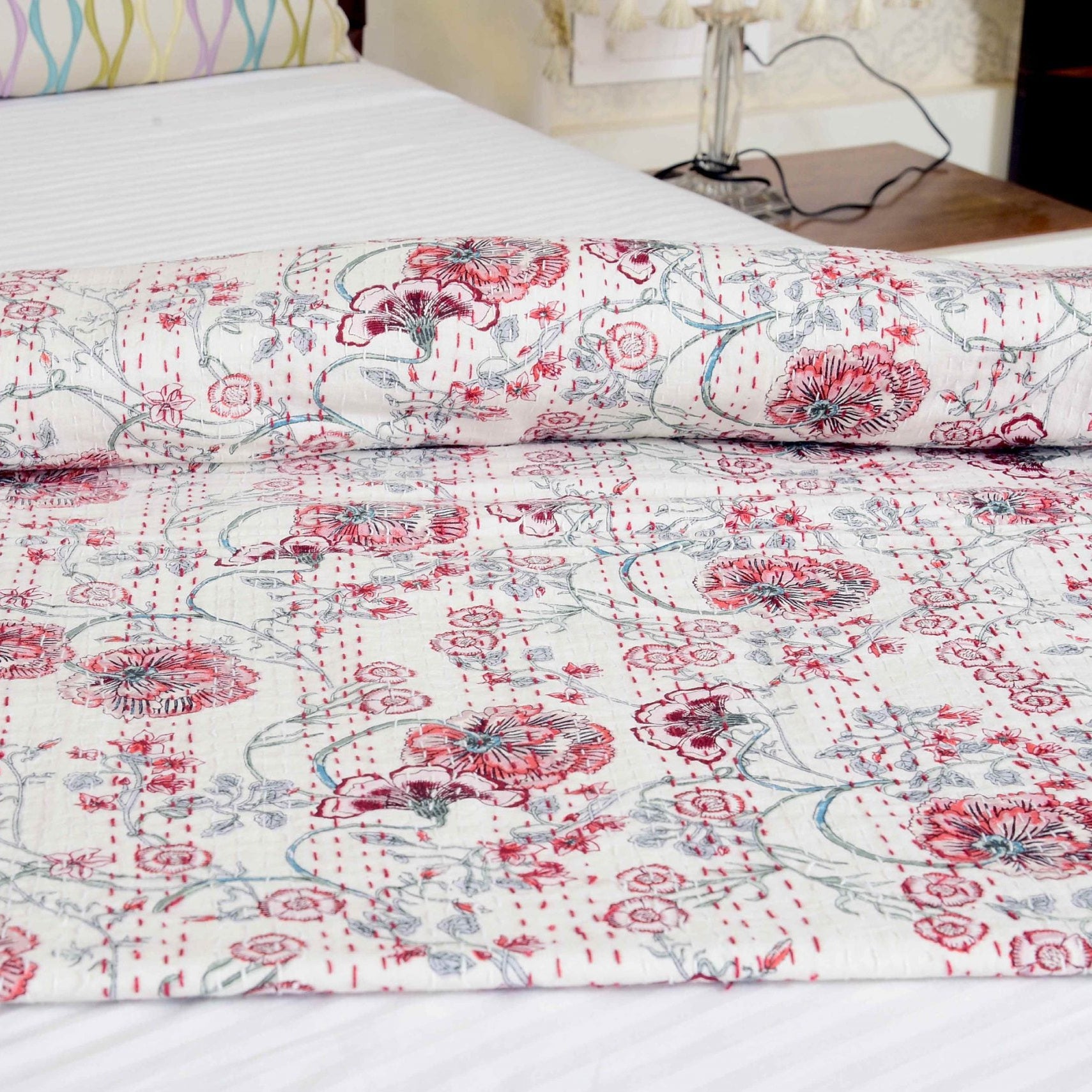 Linen Connections Handmade Indian Kantha Quilt - White Pearl