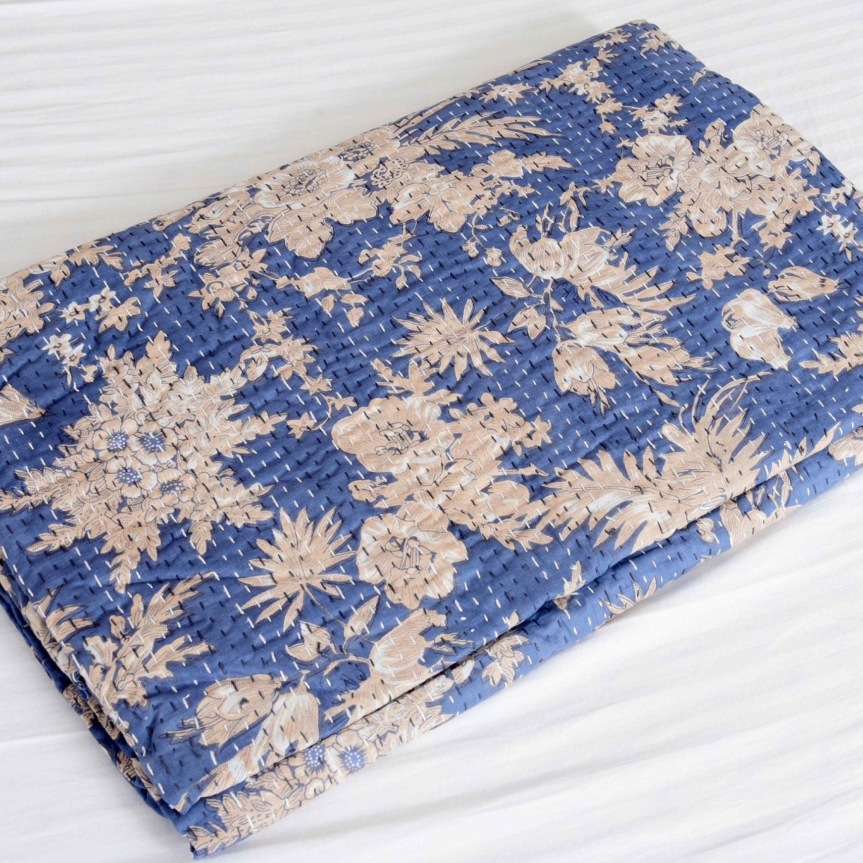 Linen Connections Indian Kantha Quilt - Blue Serenity