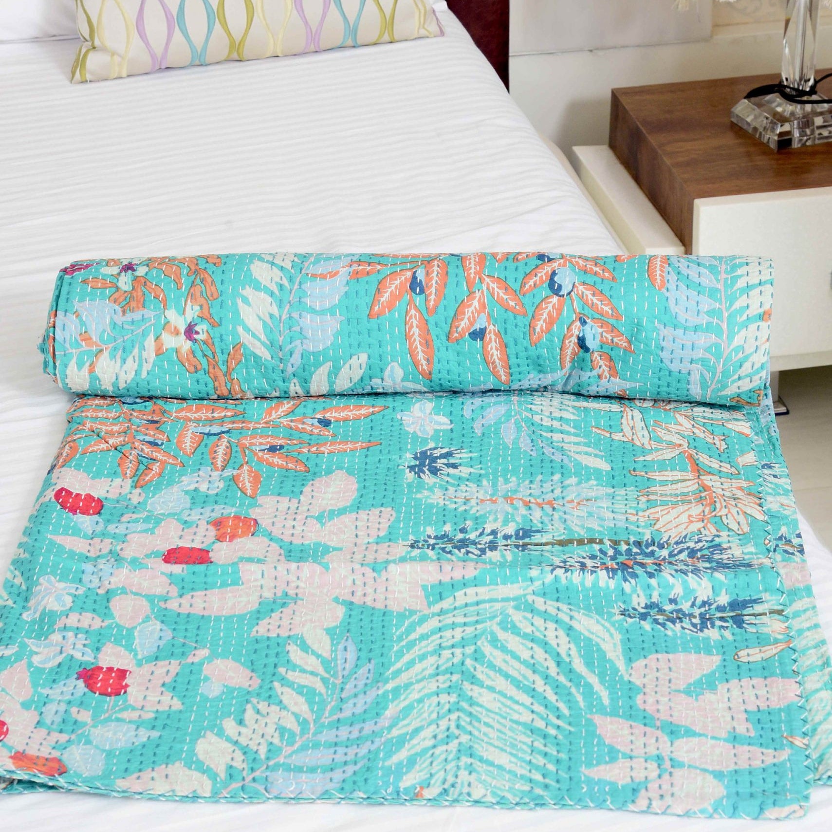 Linen Connections Handmade Indian Kantha Quilt - Mint Pastures