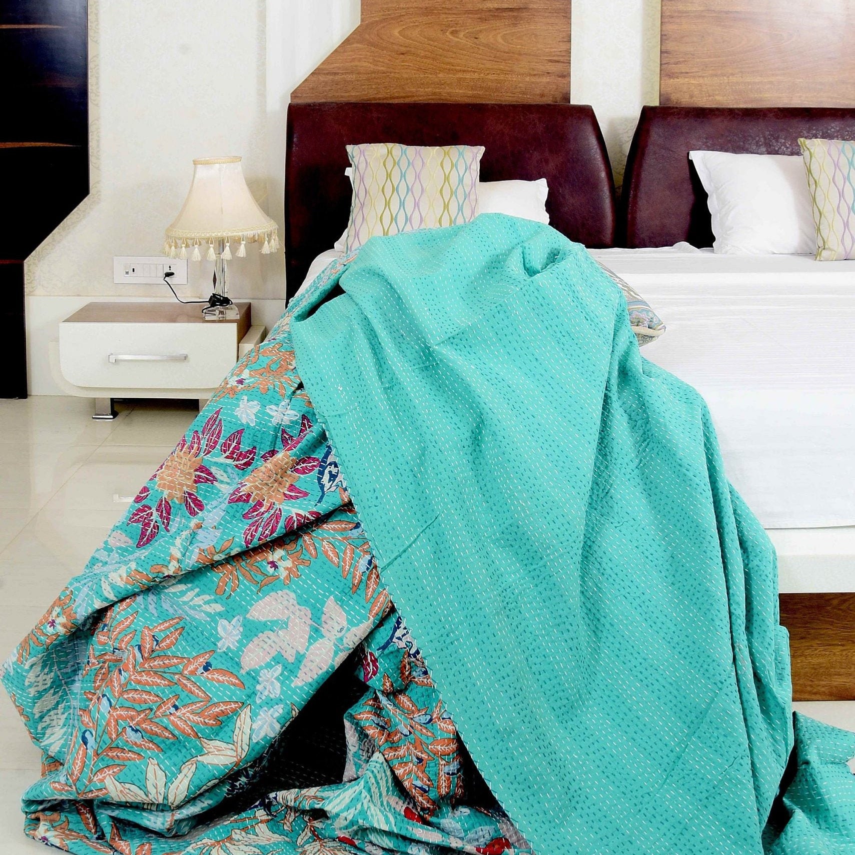 Linen Connections Handmade Indian Kantha Quilt - Mint Pastures