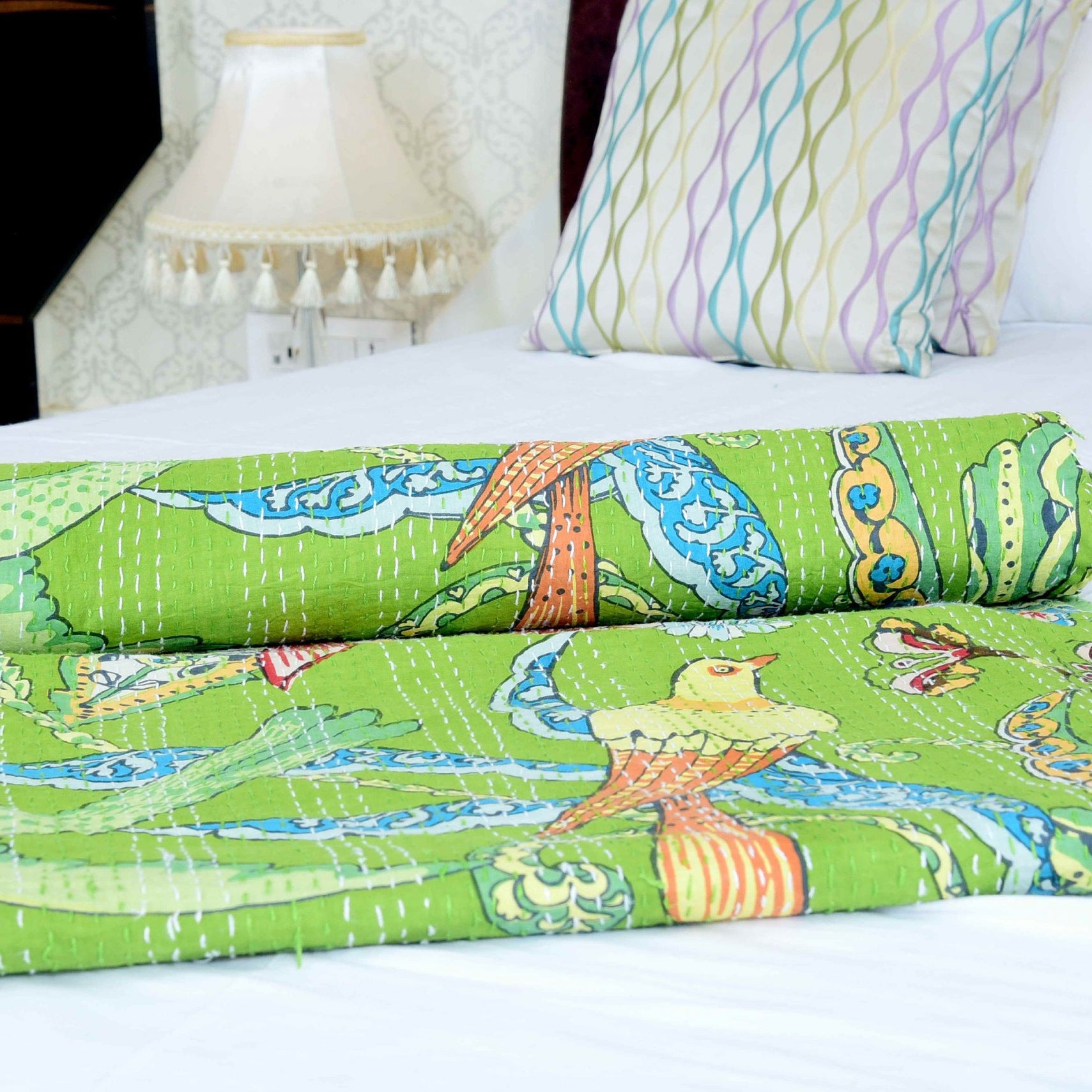 Linen Connections Handmade Indian Kantha Quilt - Green Hues