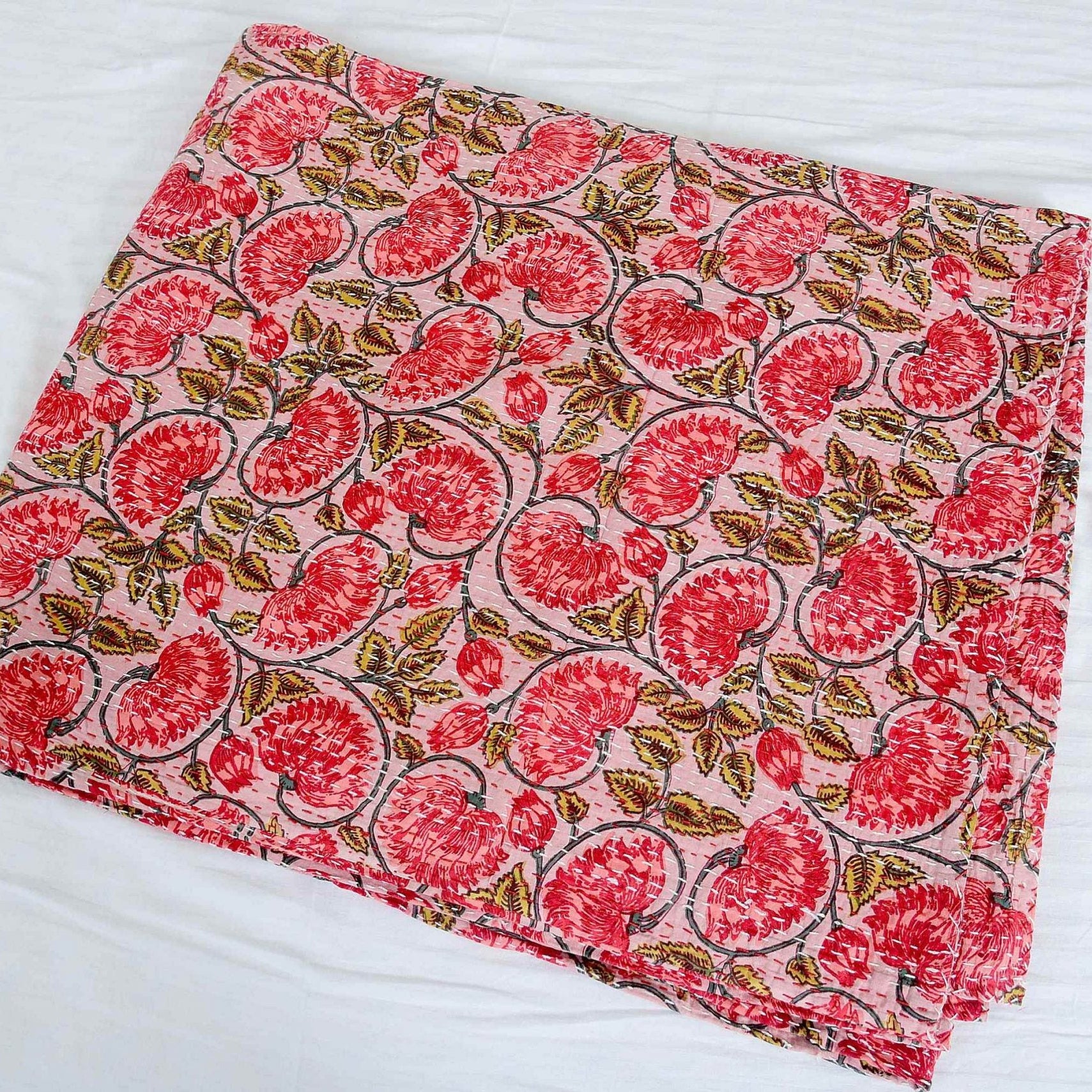 Linen Connections Handmade Indian Kantha Quilt Blanket - Red Chic