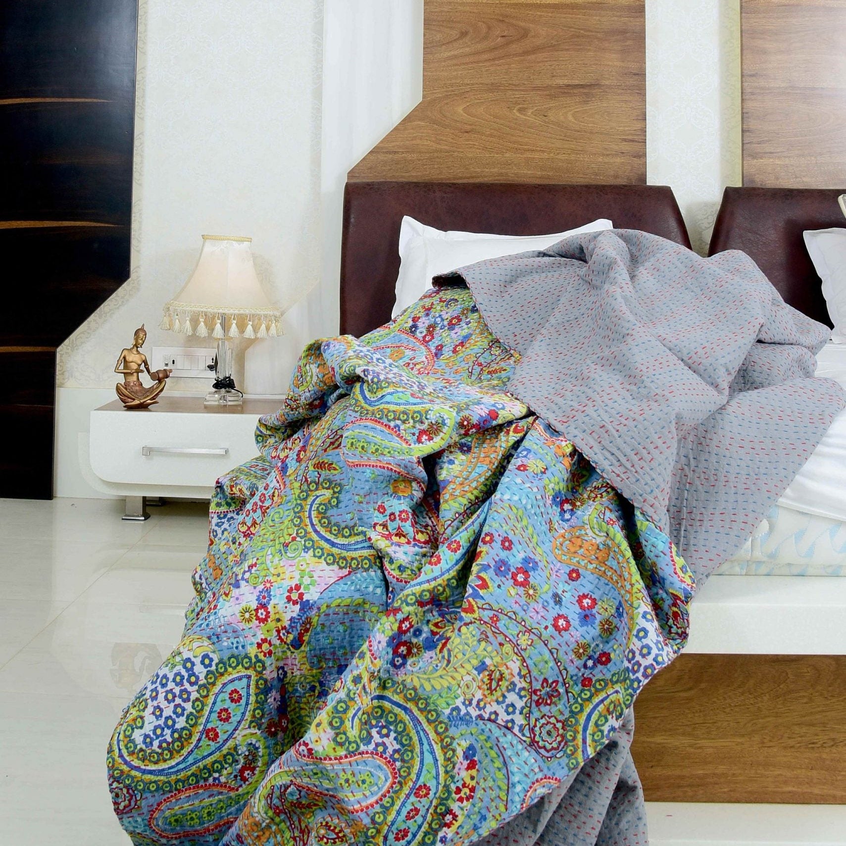 Linen Connections Handmade Indian Kantha Quilt Blanket-Gratitude Grey