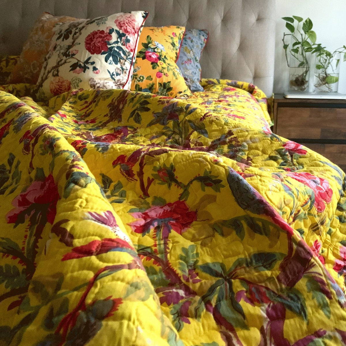 Linen Connections Floral Reversible Cotton Quilt Blanket Throw Bed Spr