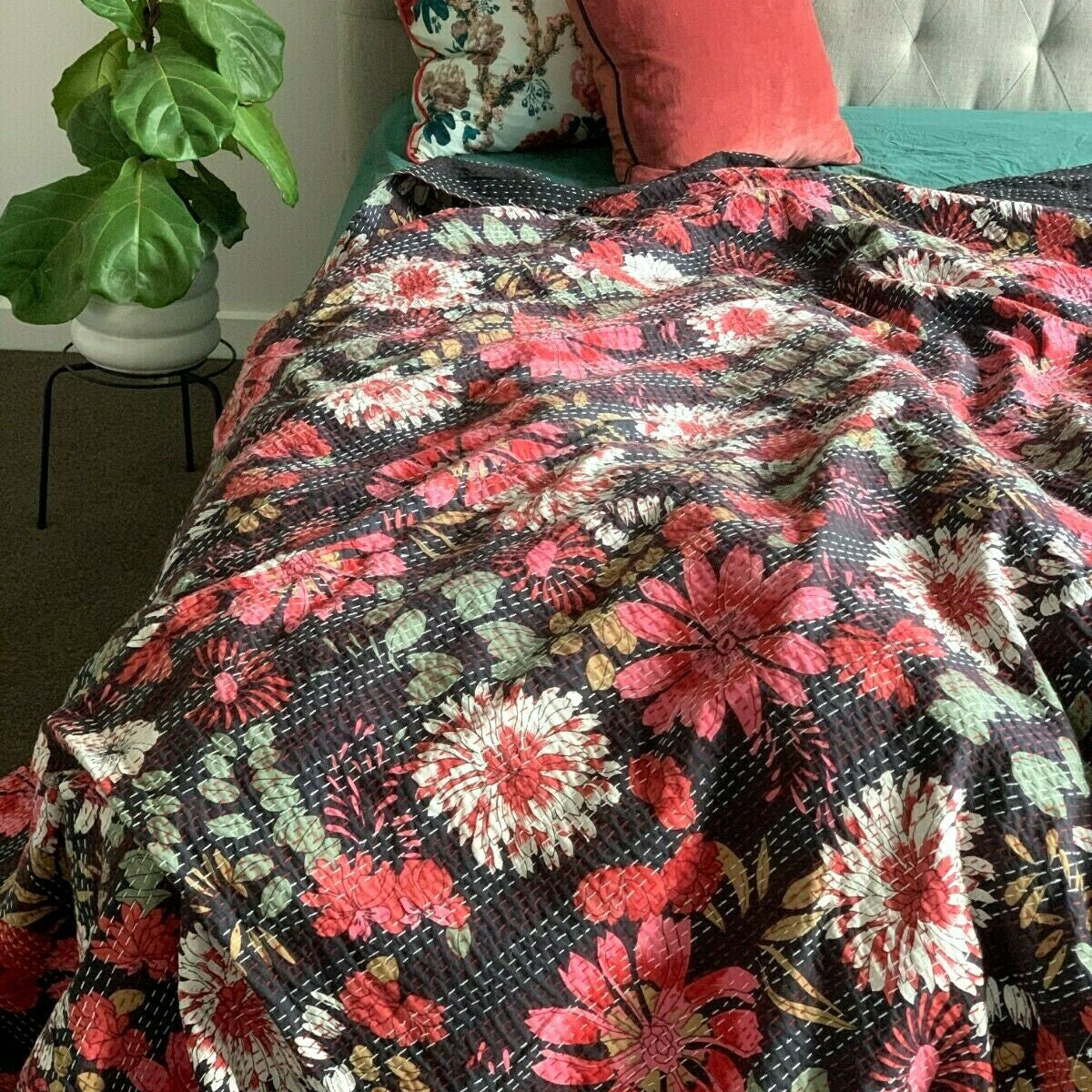 Linen Connections Handmade Indian Kantha Quilt - Blooming Bee