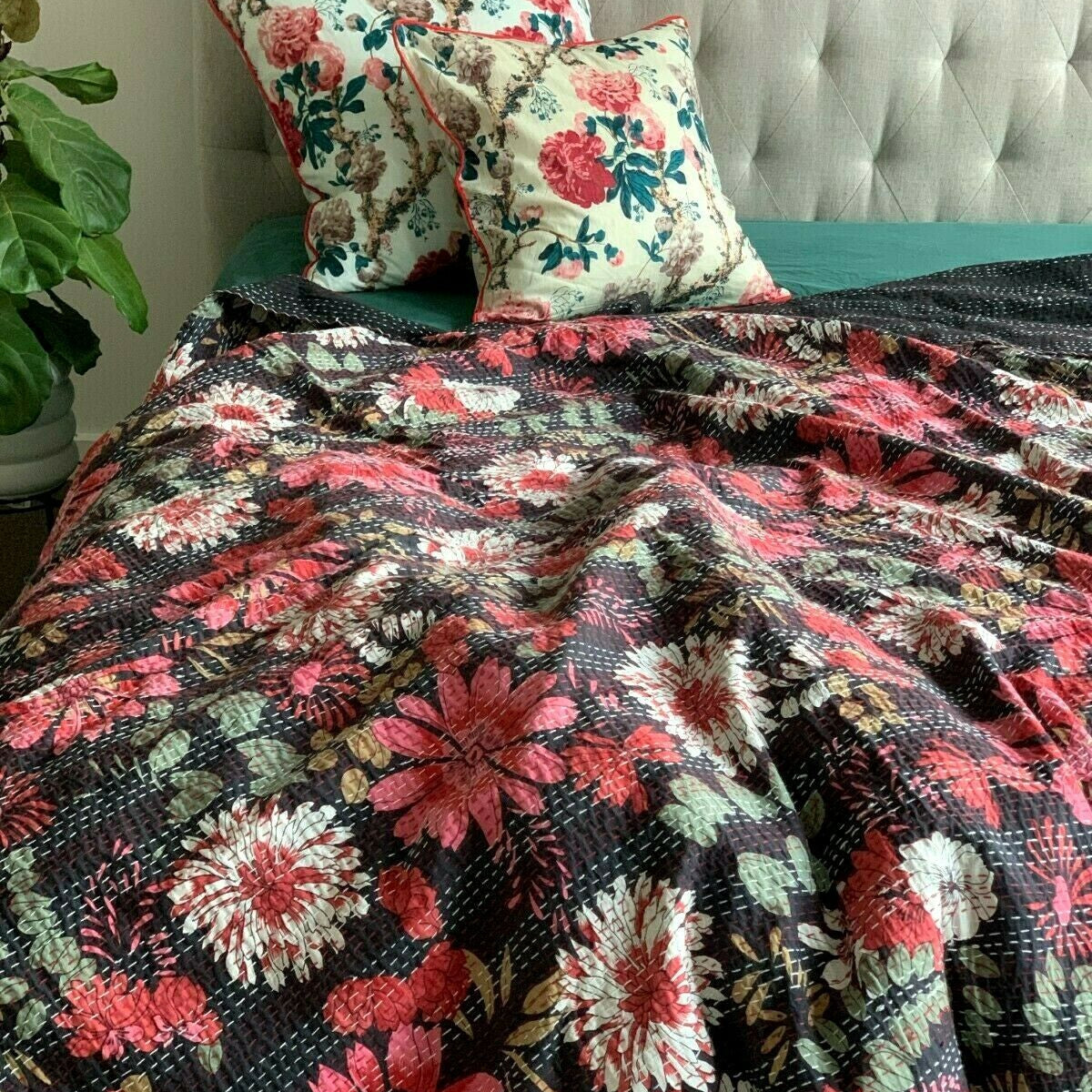 Linen Connections Handmade Indian Kantha Quilt - Blooming Bee